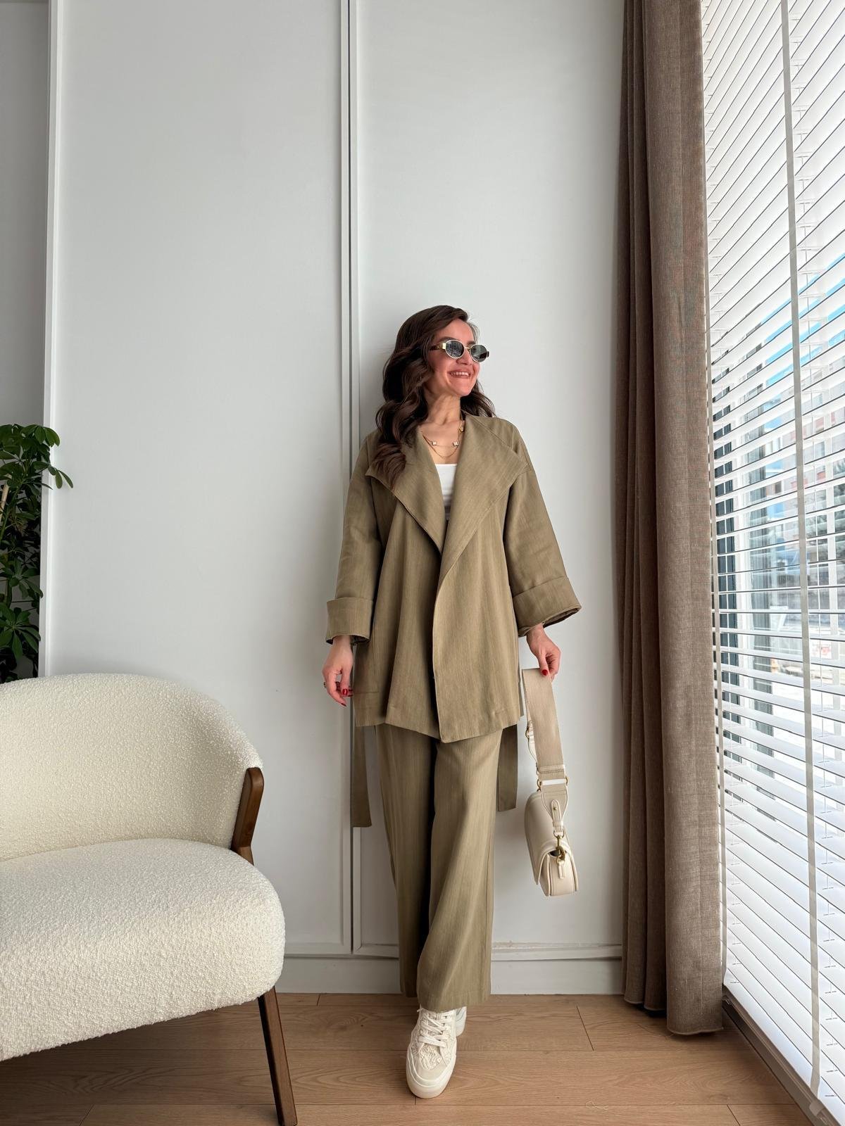 Haki Kuşaklı Cepli Kimono Takım 8447