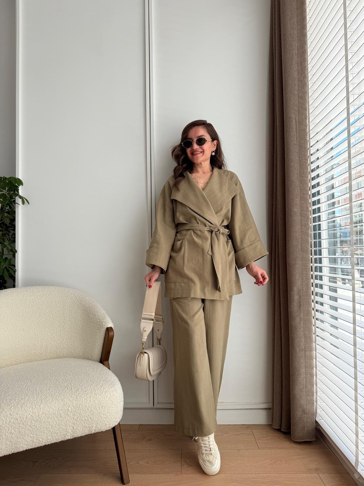 Haki Kuşaklı Cepli Kimono Takım 8447