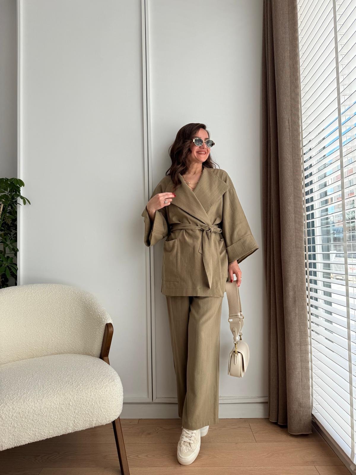Haki Kuşaklı Cepli Kimono Takım 8447