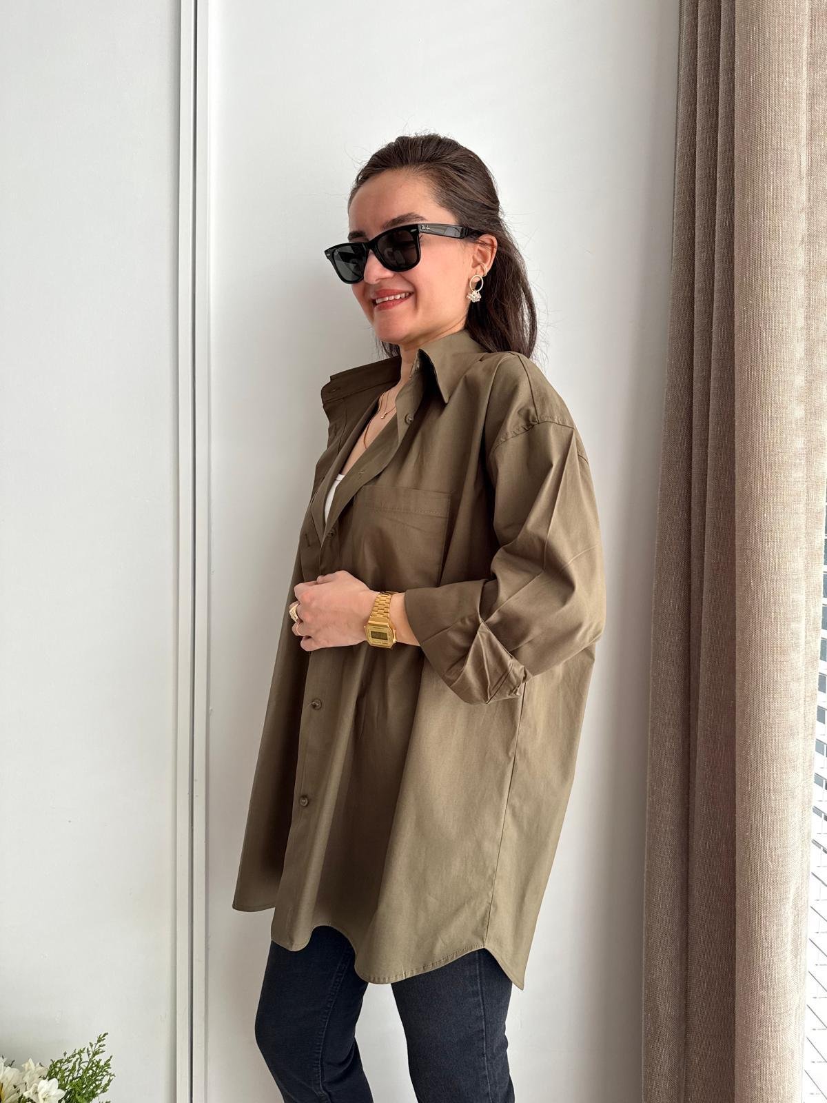 Haki Lüx Kalite Pamuklu Oversize Gömlek 5310