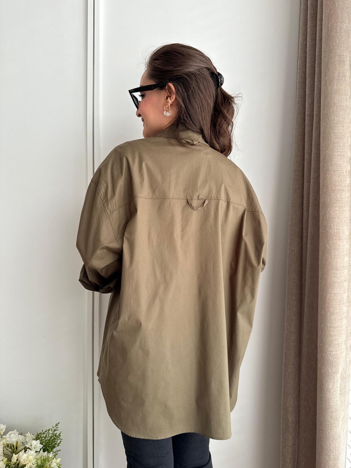 Haki Lüx Kalite Pamuklu Oversize Gömlek 5310