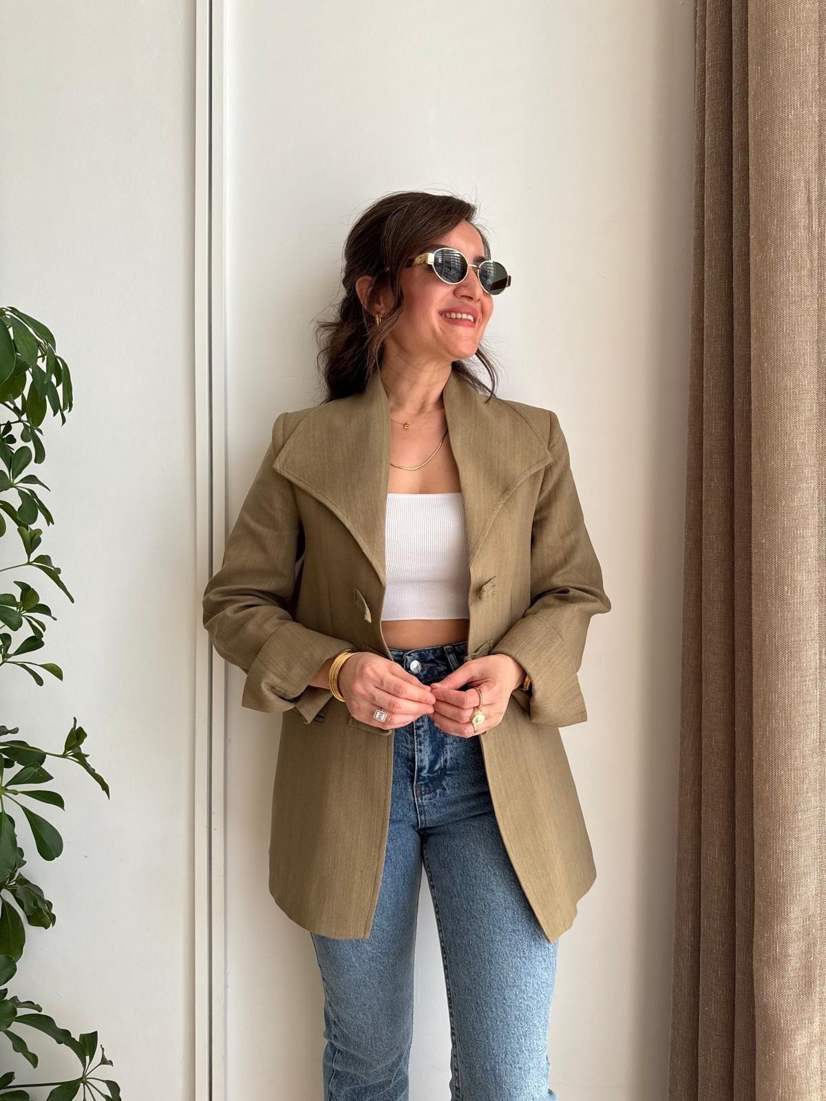 Haki Mendil Yaka Biyeli Blazer Ceket 7517