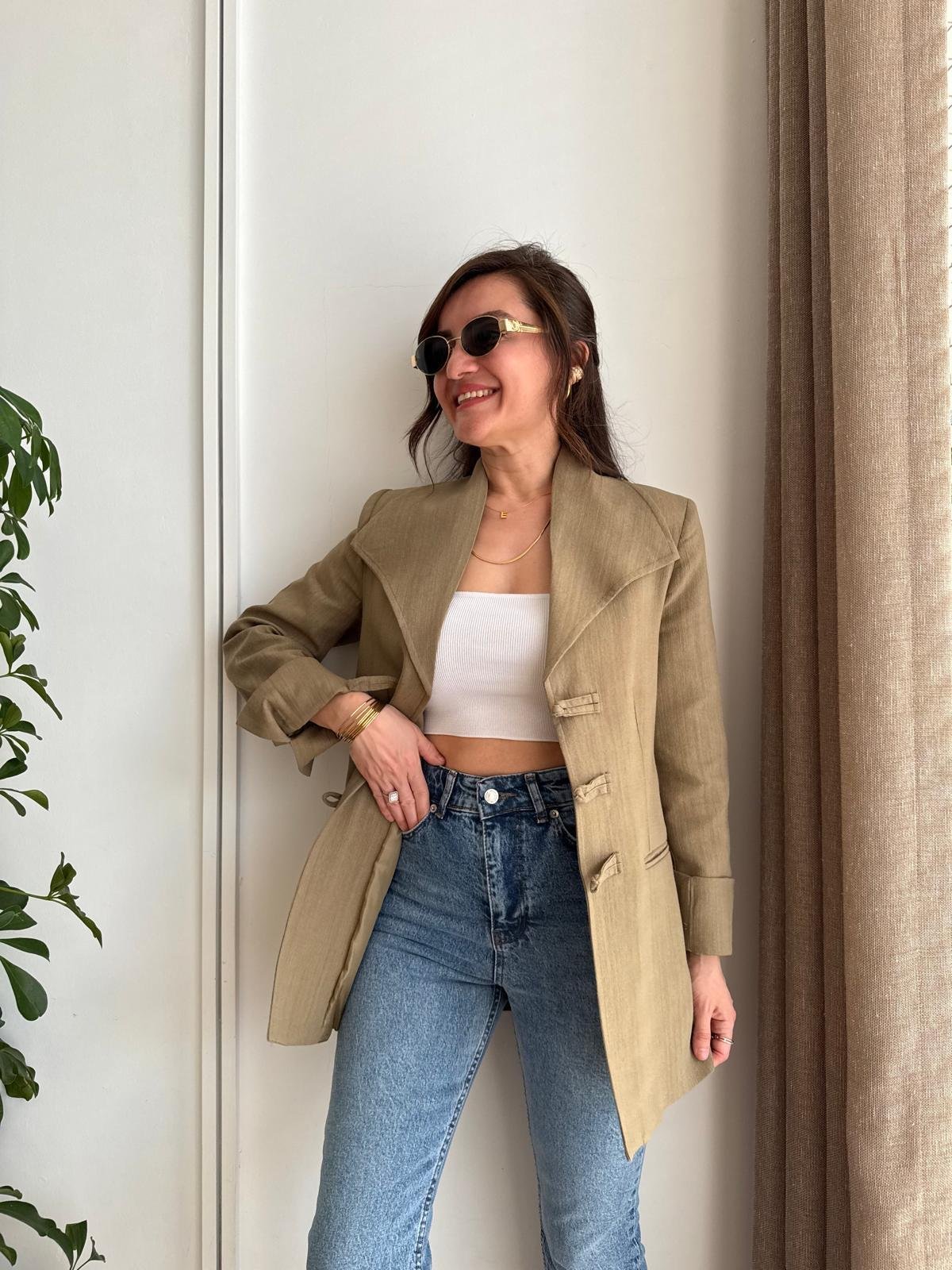 Haki Mendil Yaka Biyeli Blazer Ceket 7517