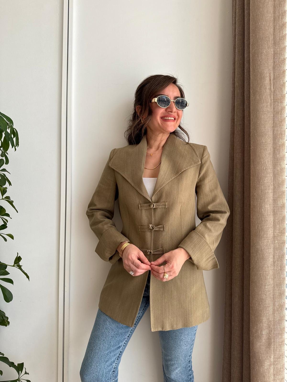 Haki Mendil Yaka Biyeli Blazer Ceket 7517