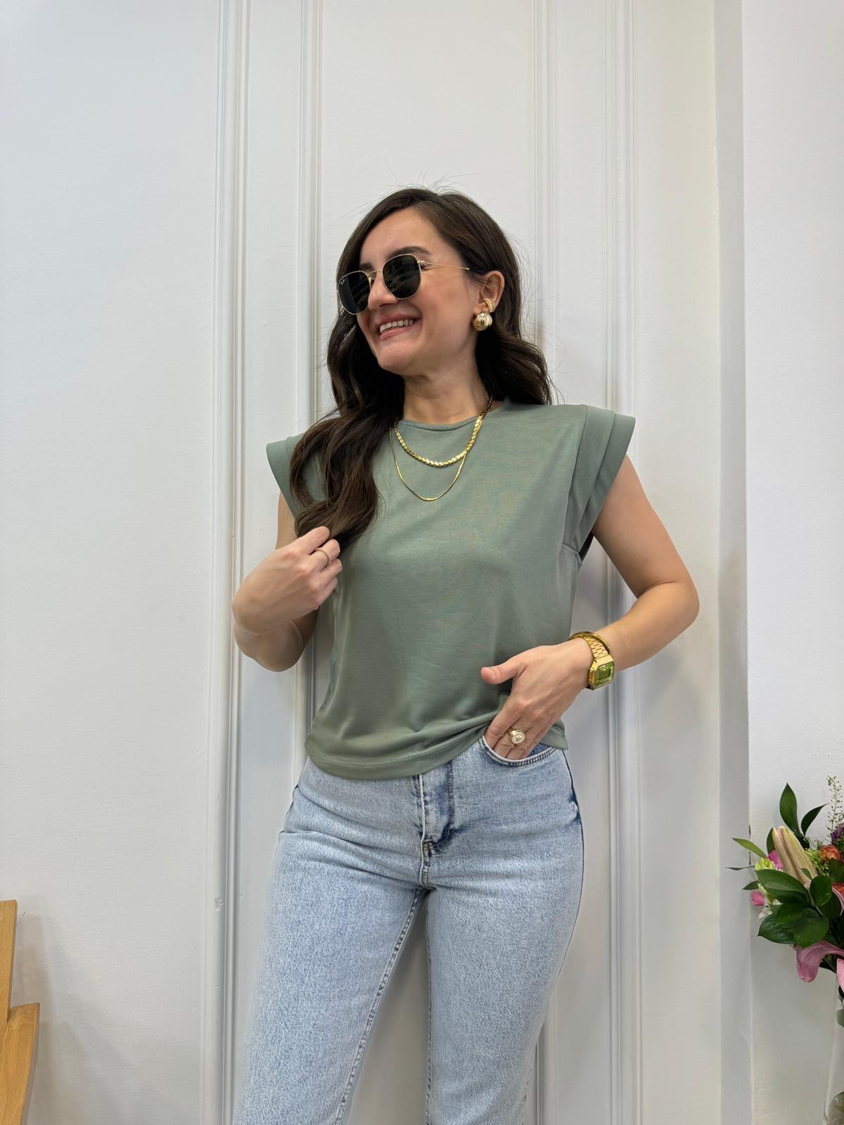 Haki Modal Kumaş Omuz Detaylı Tişört 71261