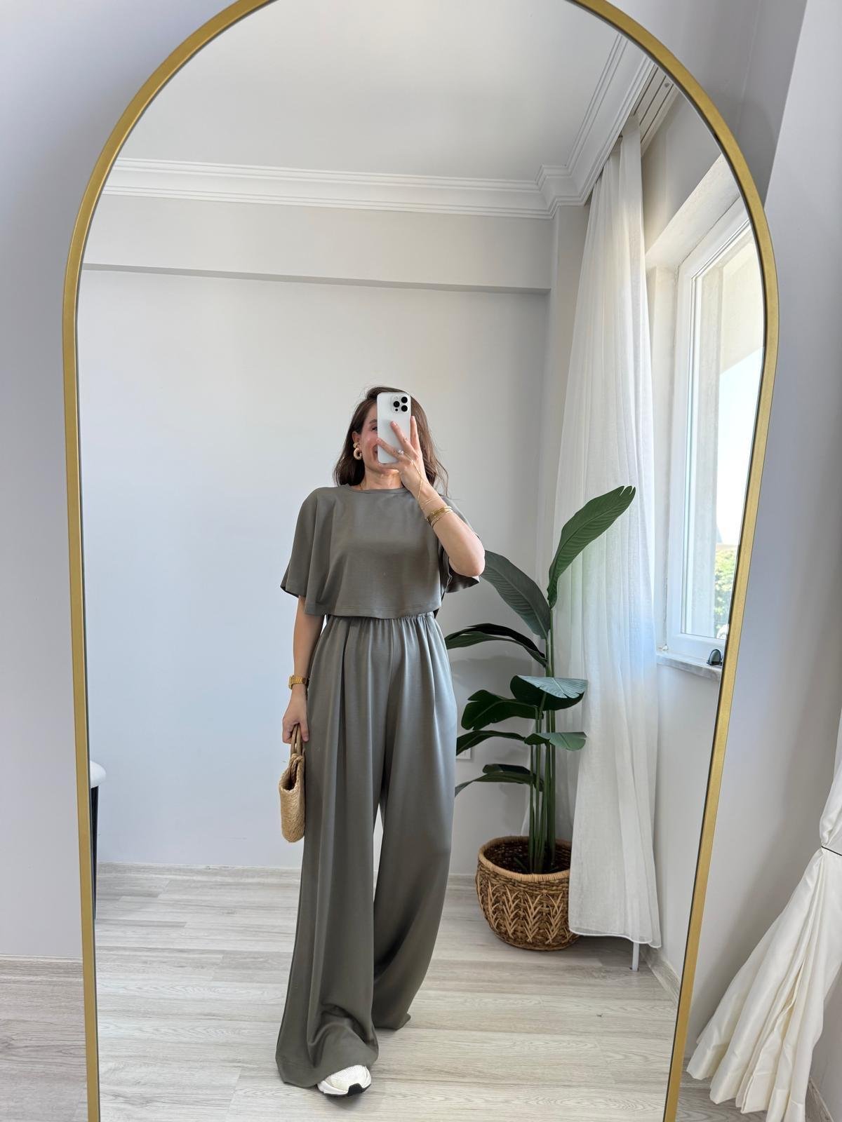 Haki Modal Kumaş Tasarım Bluz Pantolon Takım 1201