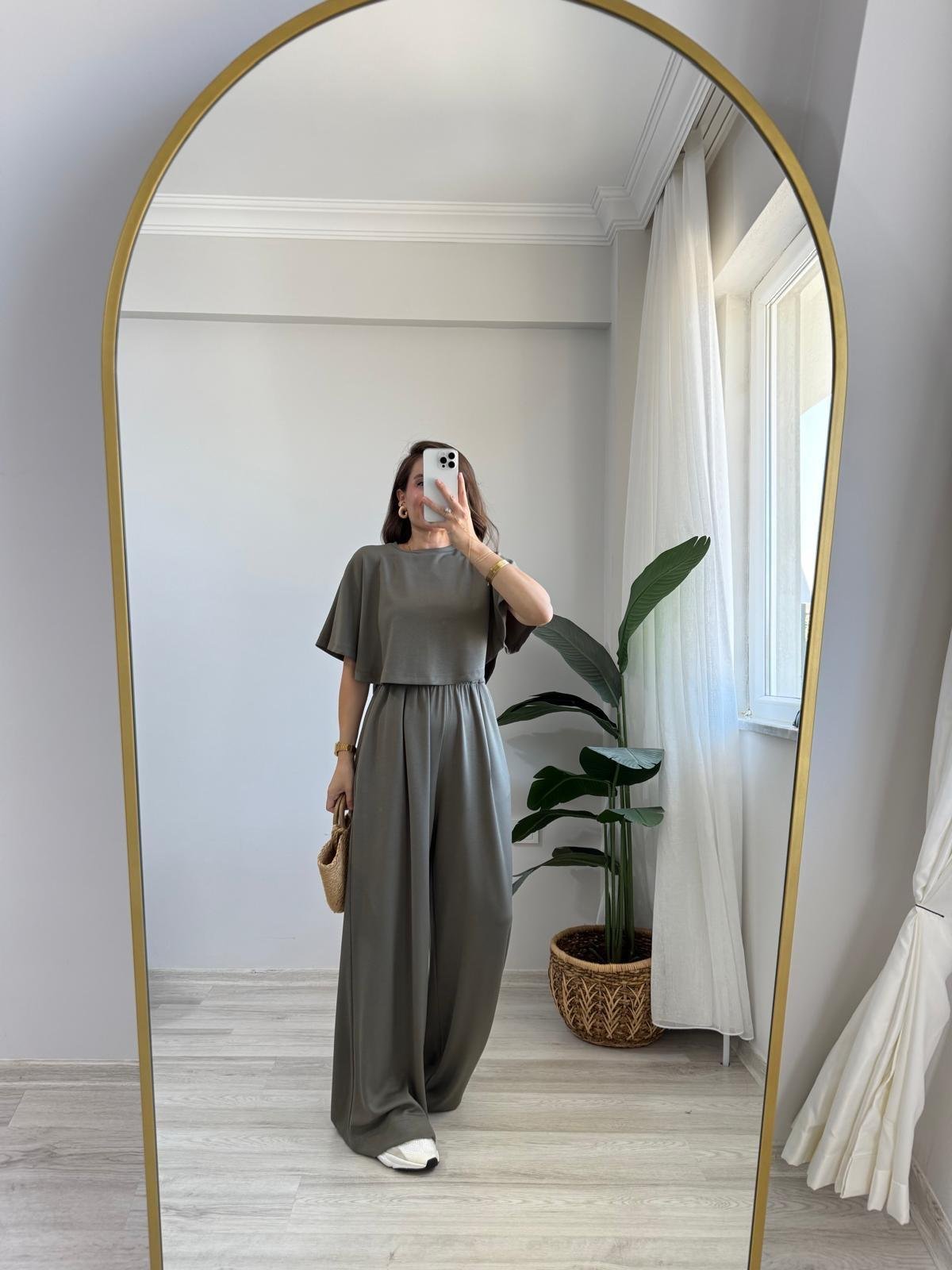Haki Modal Kumaş Tasarım Bluz Pantolon Takım 1201