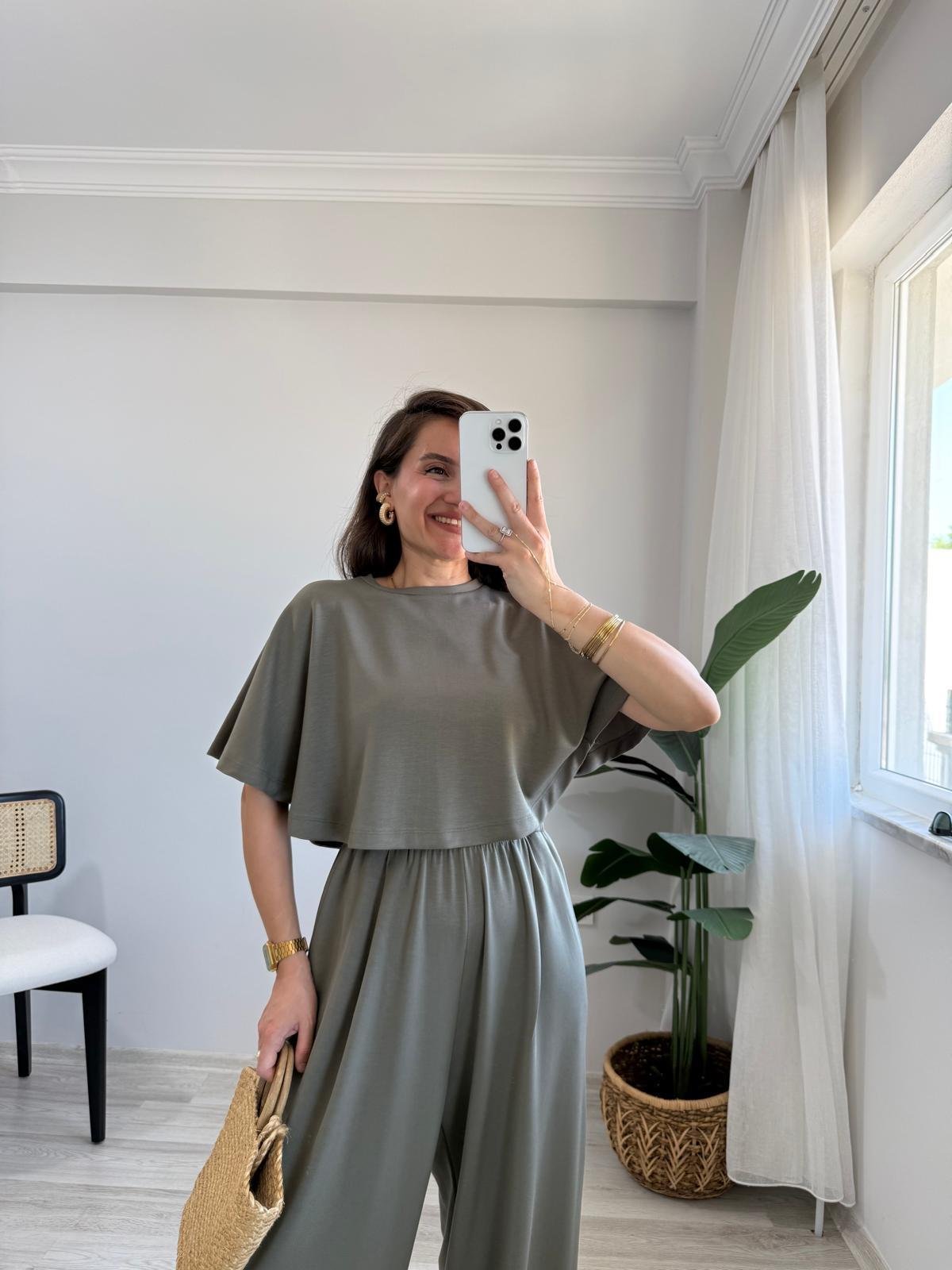 Haki Modal Kumaş Tasarım Bluz Pantolon Takım 1201