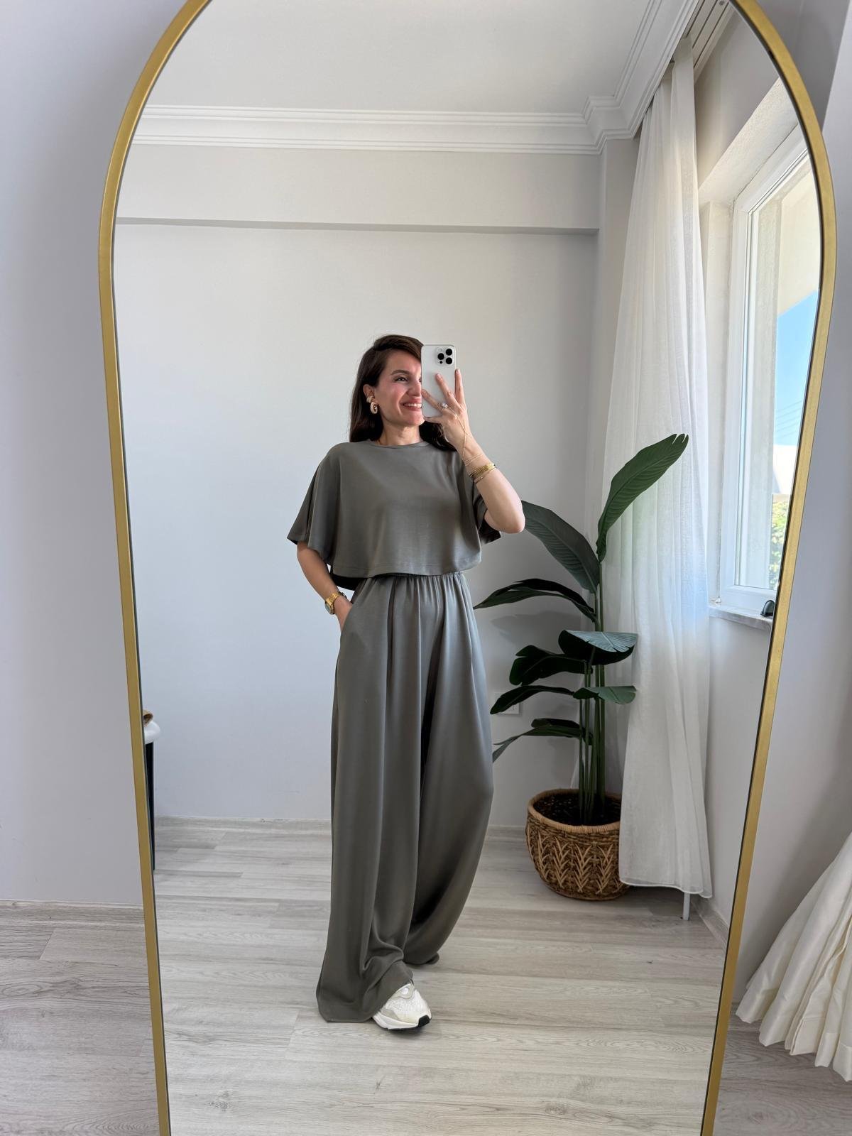 Haki Modal Kumaş Tasarım Bluz Pantolon Takım 1201