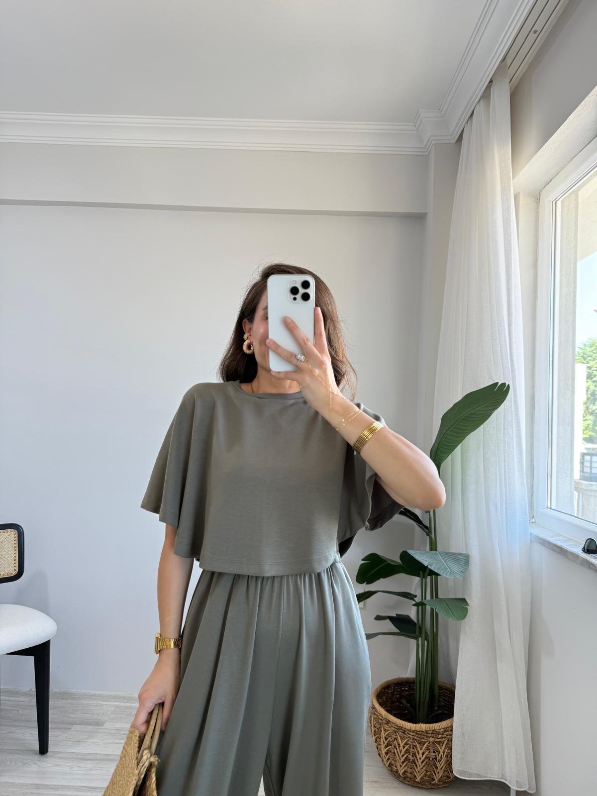 Haki Modal Kumaş Tasarım Bluz Pantolon Takım 1201