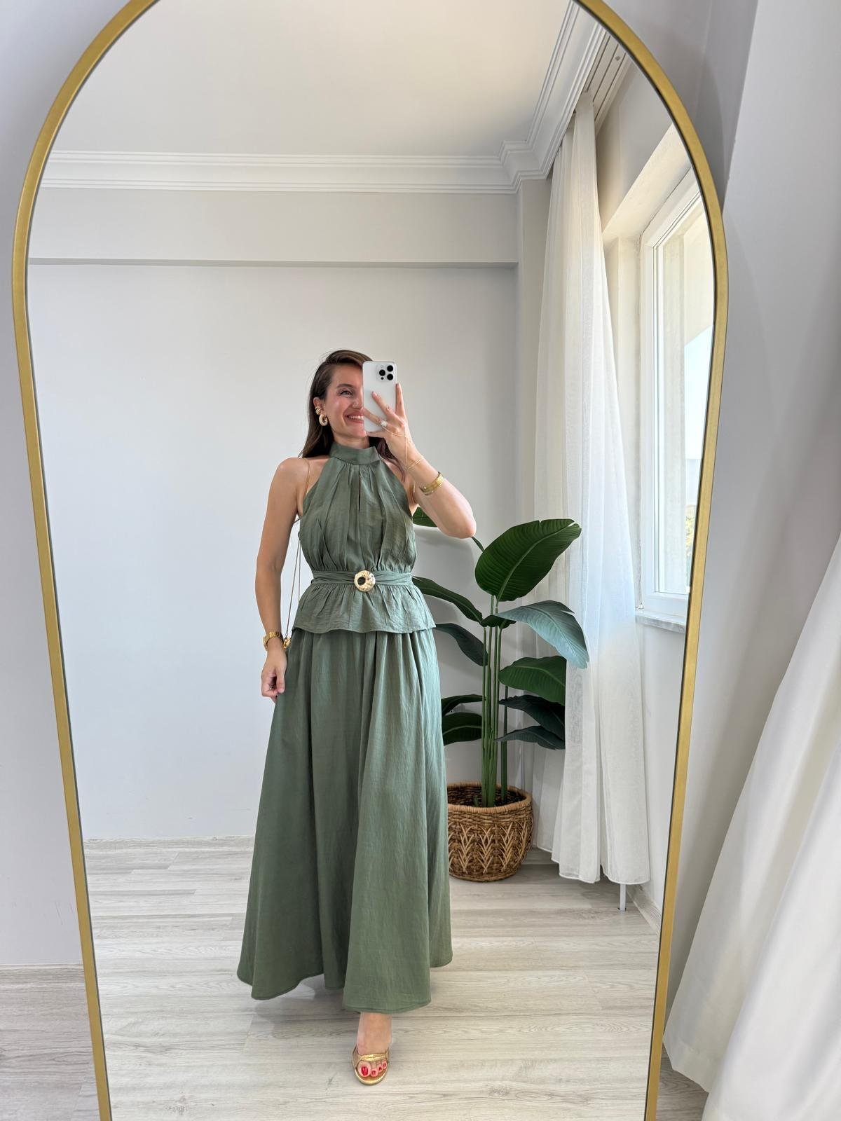 Haki Ön Toka Detaylı Halter Yaka Bluz Etek Takım 906234
