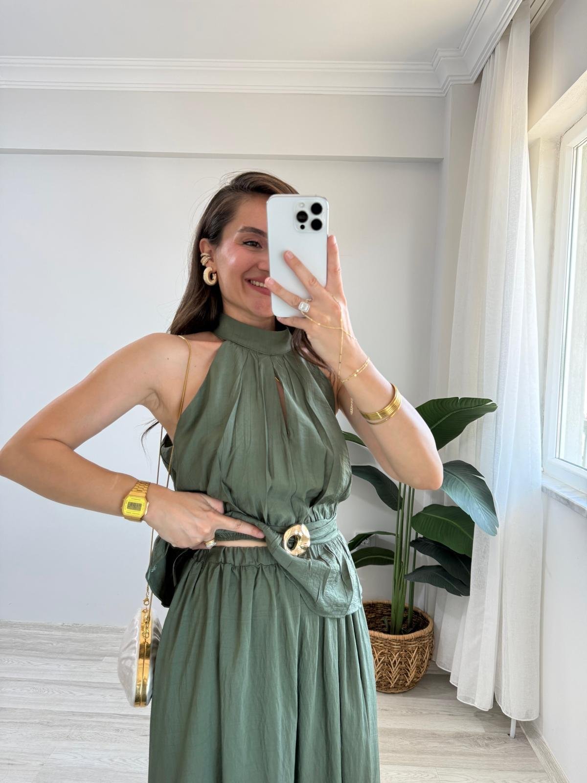 Haki Ön Toka Detaylı Halter Yaka Bluz Etek Takım 906234