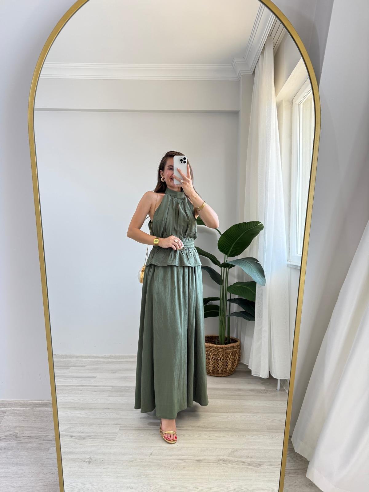 Haki Ön Toka Detaylı Halter Yaka Bluz Etek Takım 906234