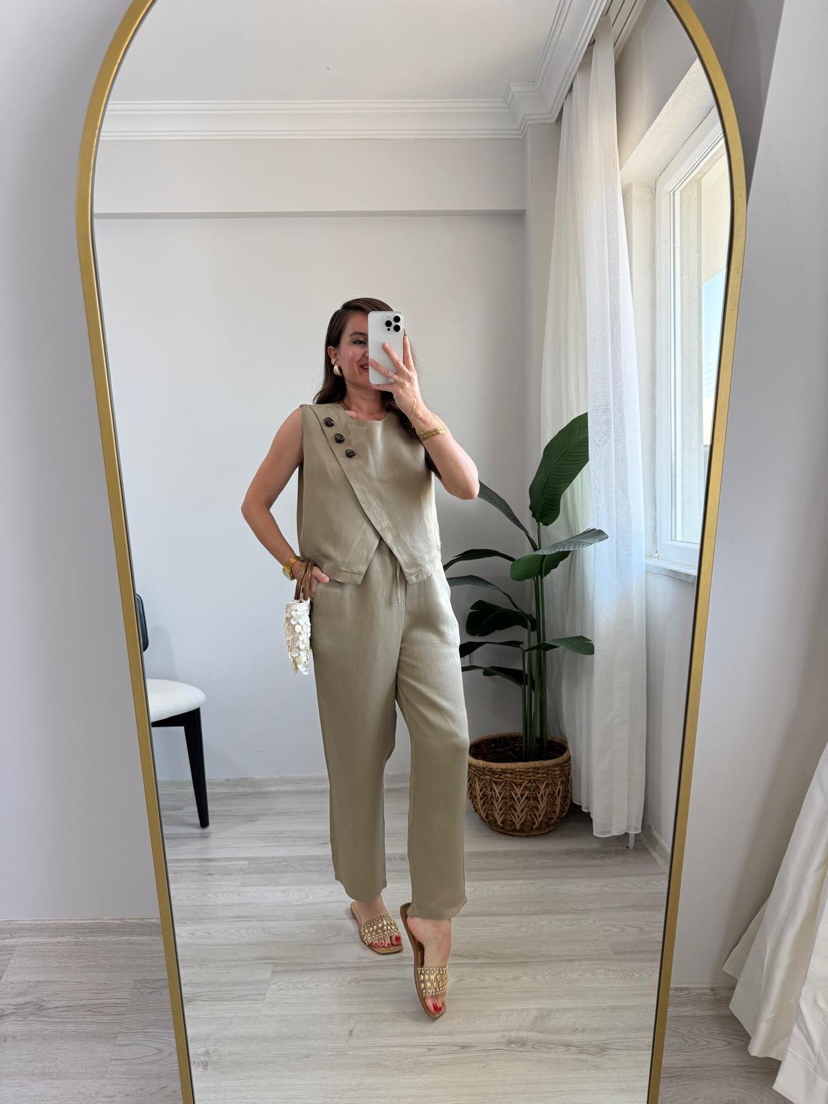 Haki Parlak Çapraz Düğme Detaylı Bluz Pantolon Takım 0611