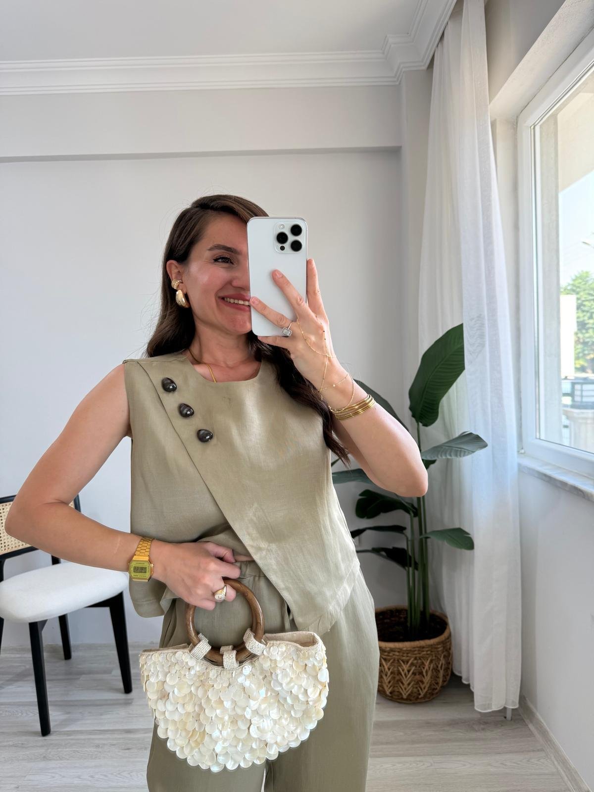 Haki Parlak Çapraz Düğme Detaylı Bluz Pantolon Takım 0611
