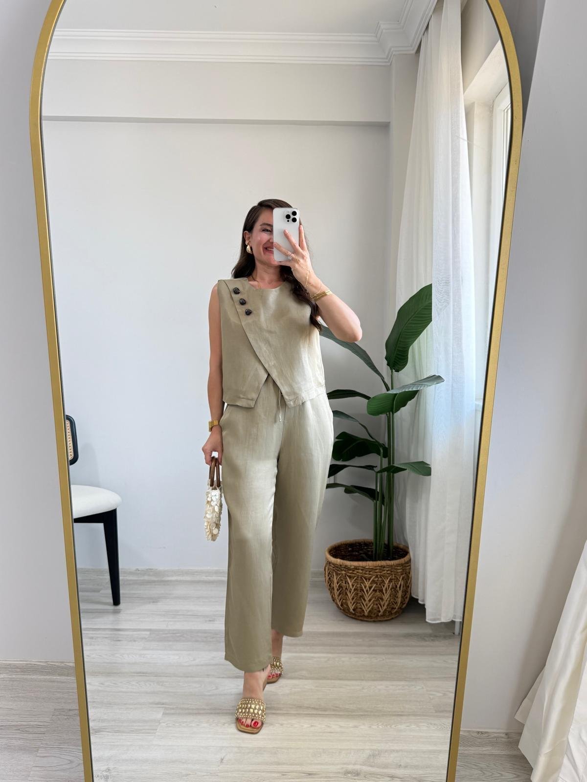 Haki Parlak Çapraz Düğme Detaylı Bluz Pantolon Takım 0611