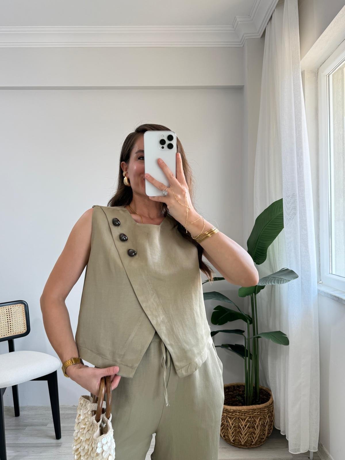 Haki Parlak Çapraz Düğme Detaylı Bluz Pantolon Takım 0611