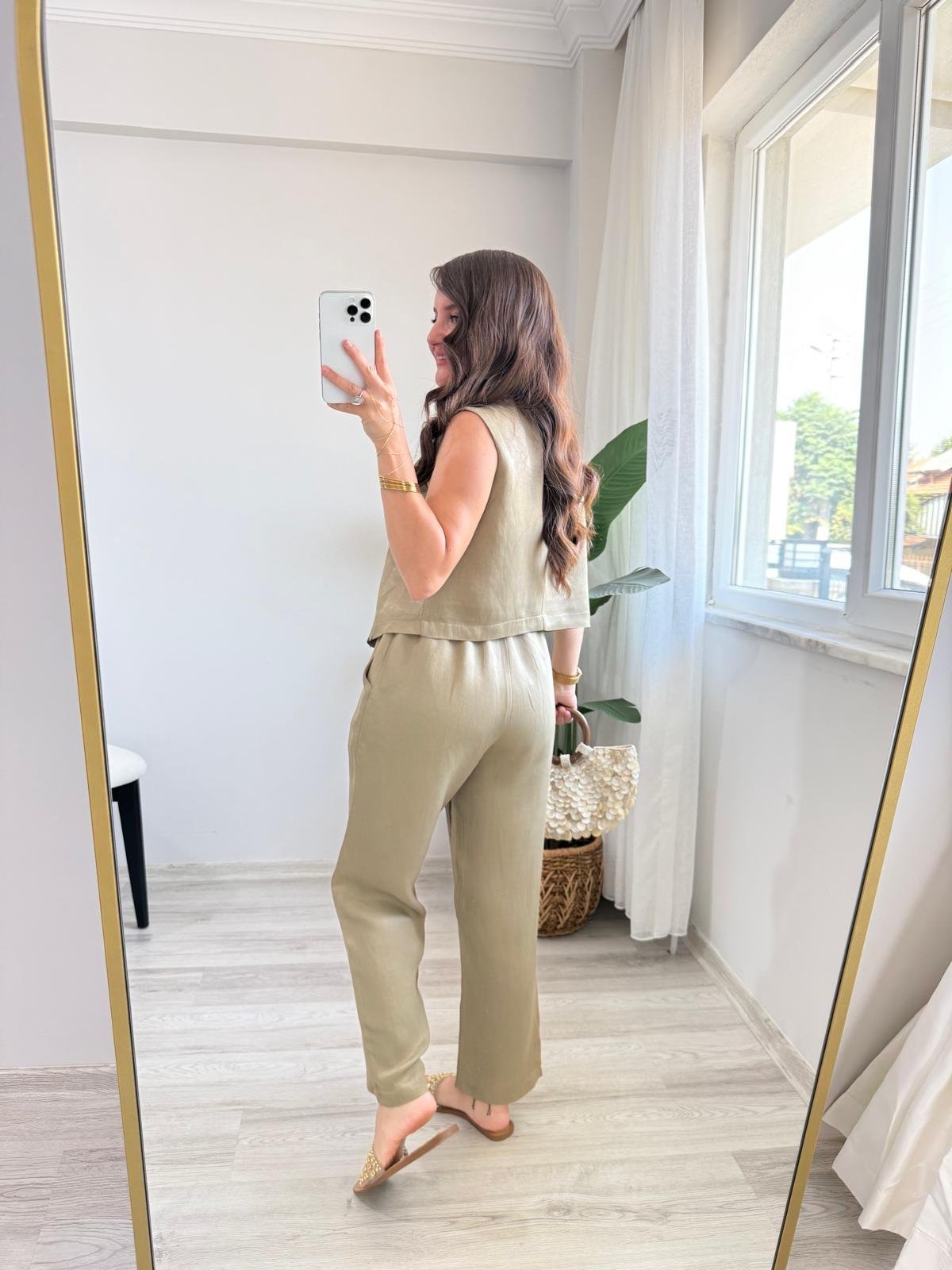 Haki Parlak Çapraz Düğme Detaylı Bluz Pantolon Takım 0611
