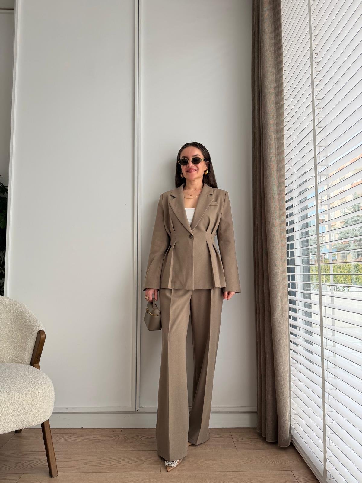 Haki Pile Detaylı Slimfit Ceket Pantolon Takım 8884