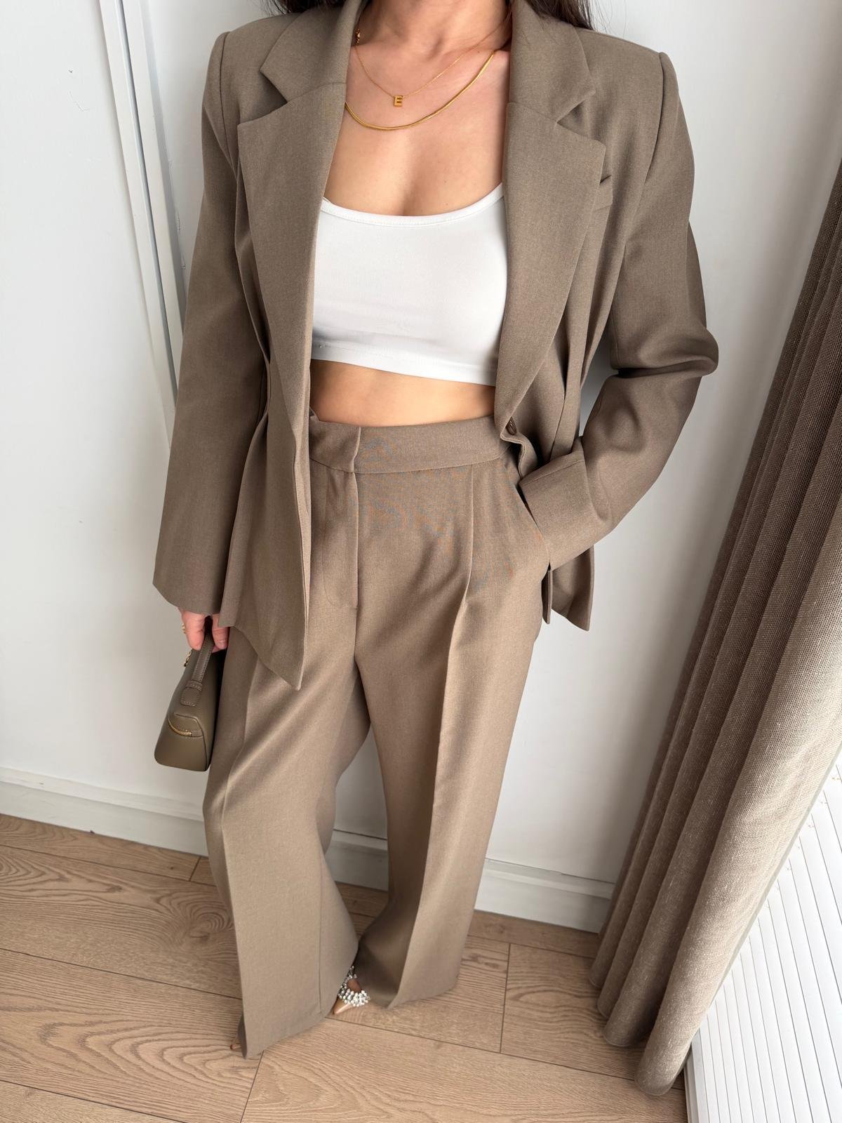 Haki Pile Detaylı Slimfit Ceket Pantolon Takım 8884
