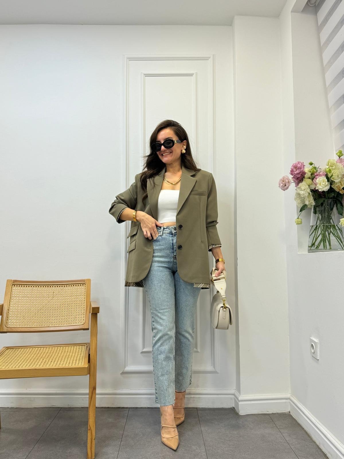 Haki Premıum Kalite Astar Detaylı Double Kumaş Blazer Ceket 9456
