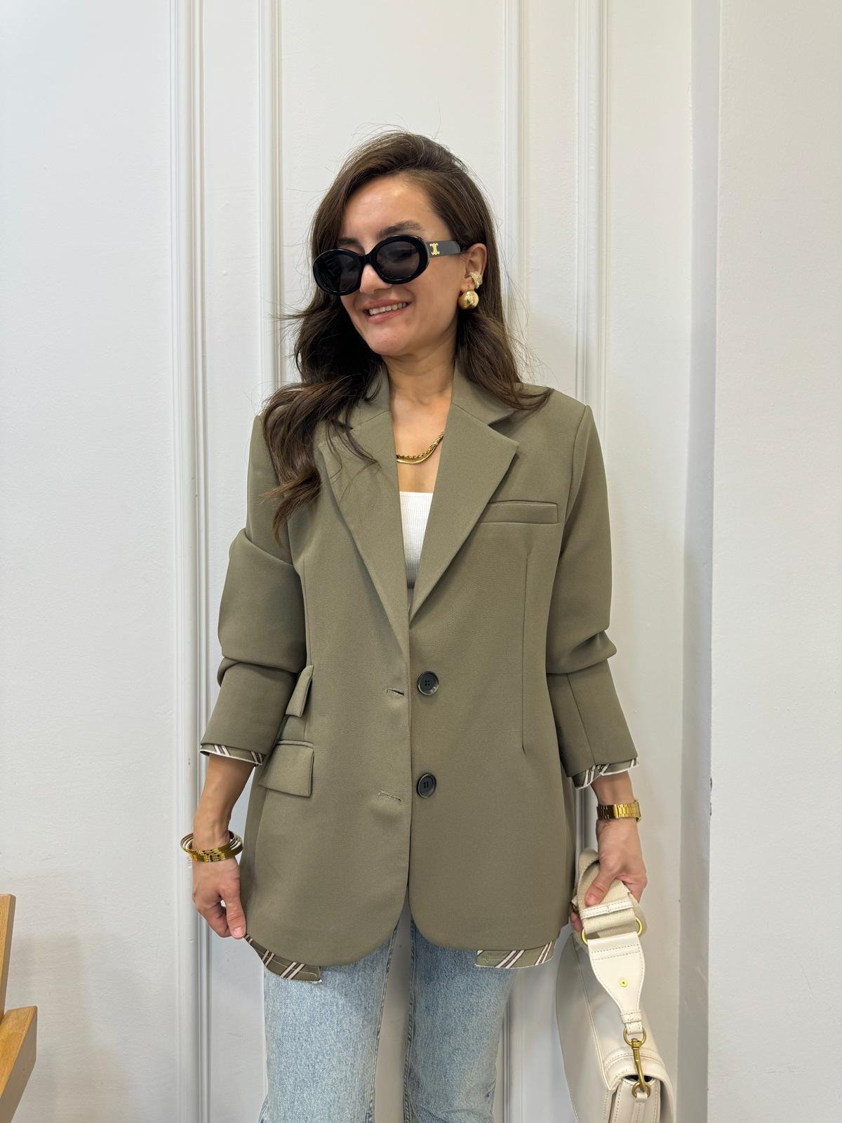 Haki Premıum Kalite Astar Detaylı Double Kumaş Blazer Ceket 9456