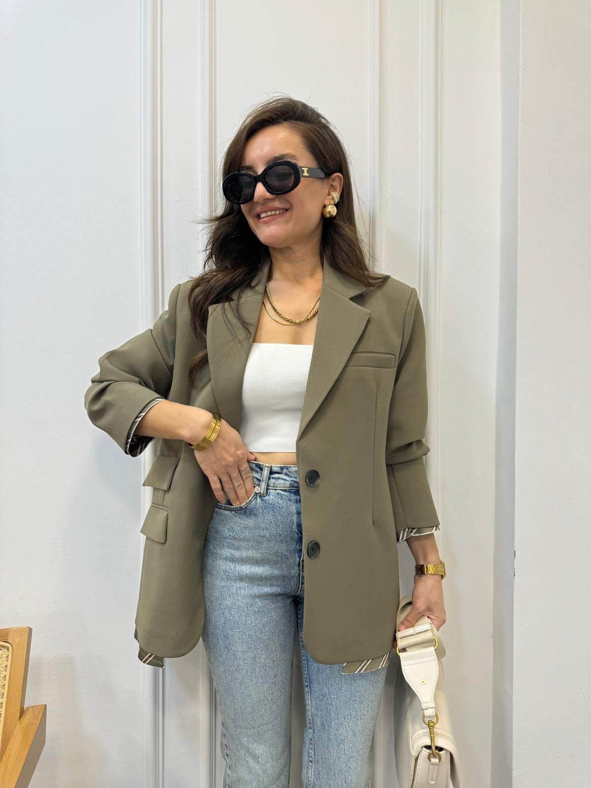 Haki Premıum Kalite Astar Detaylı Double Kumaş Blazer Ceket 9456
