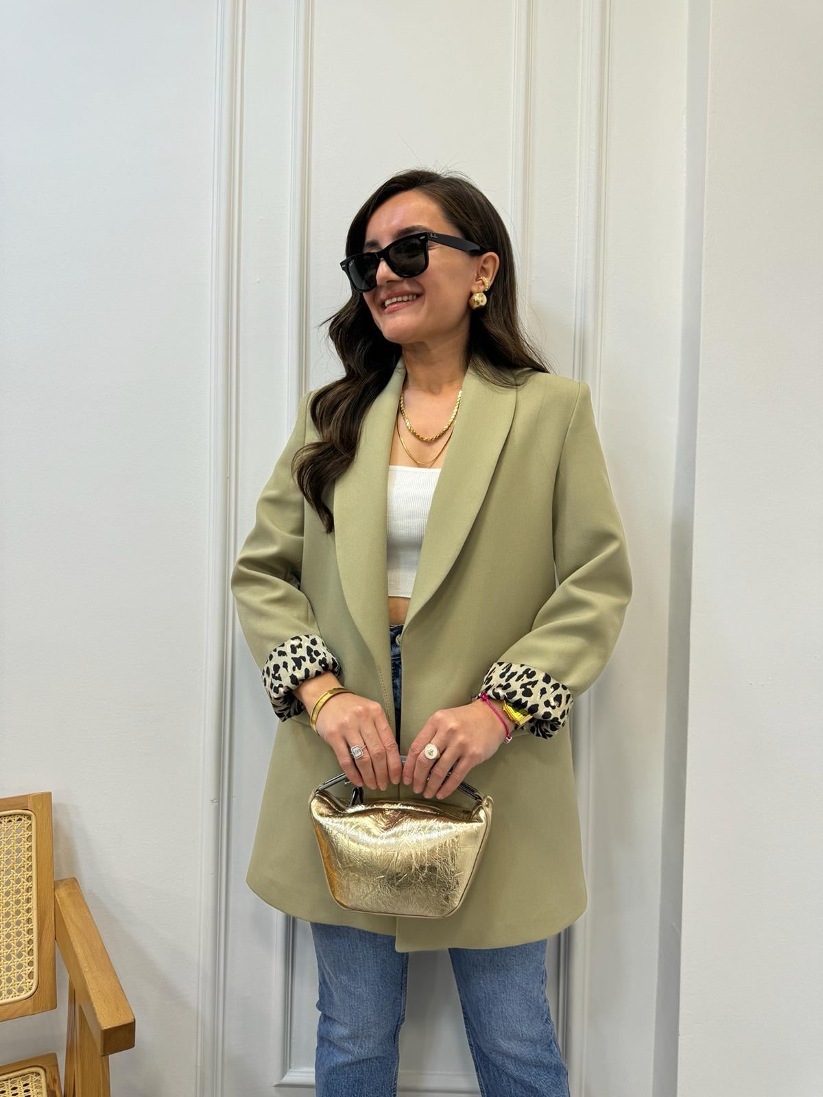 Haki Premıum Kalite Leopar Astarlı Blazer Ceket 9227
