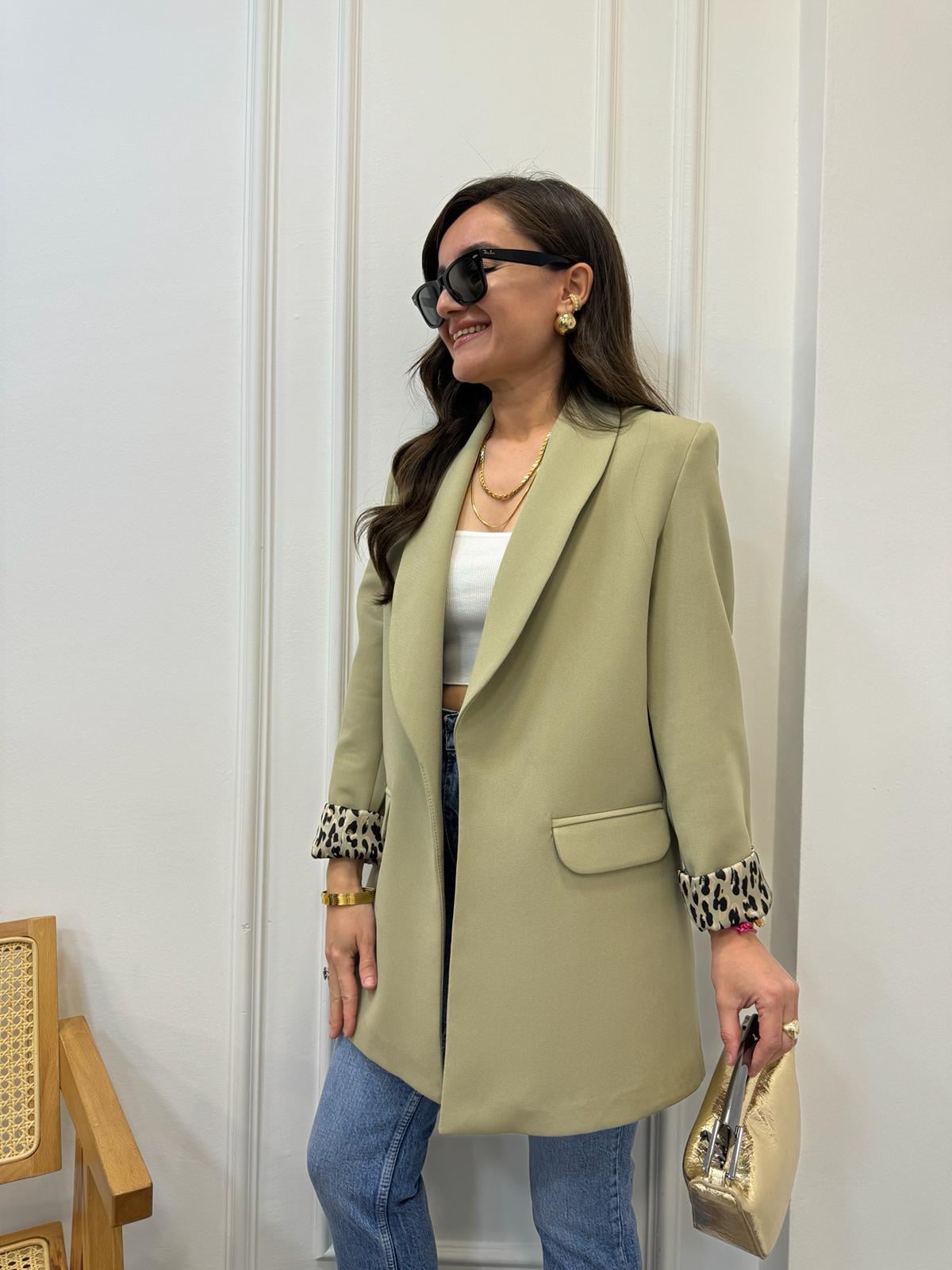 Haki Premıum Kalite Leopar Astarlı Blazer Ceket 9227