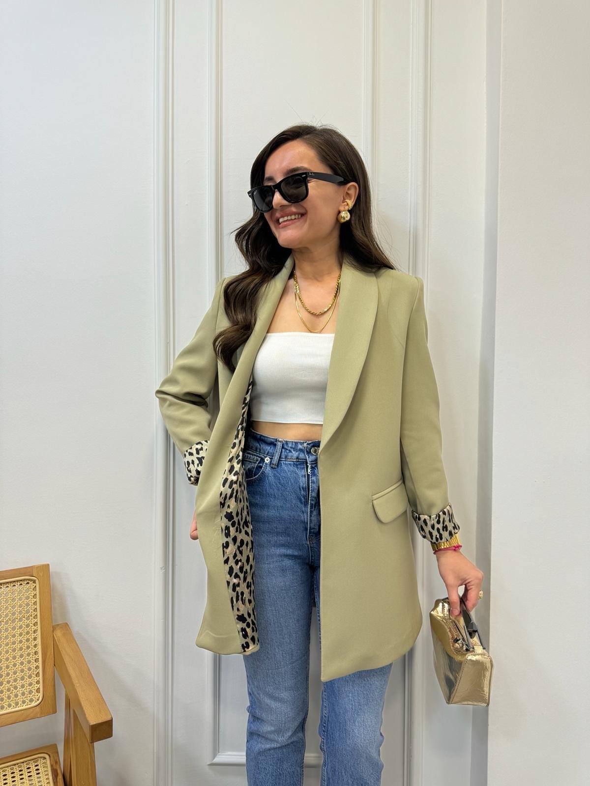 Haki Premıum Kalite Leopar Astarlı Blazer Ceket 9227