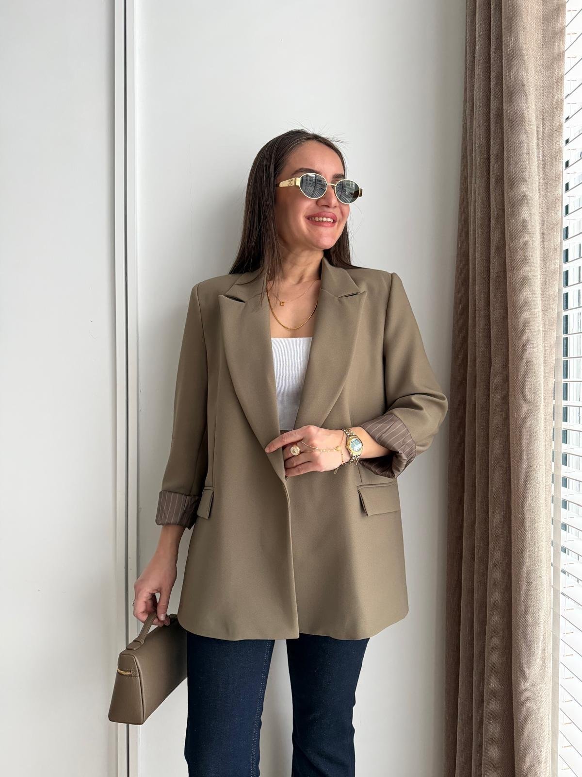 Haki Premium Kalite Marin Astarlı Double Kumaş Blazer 7560