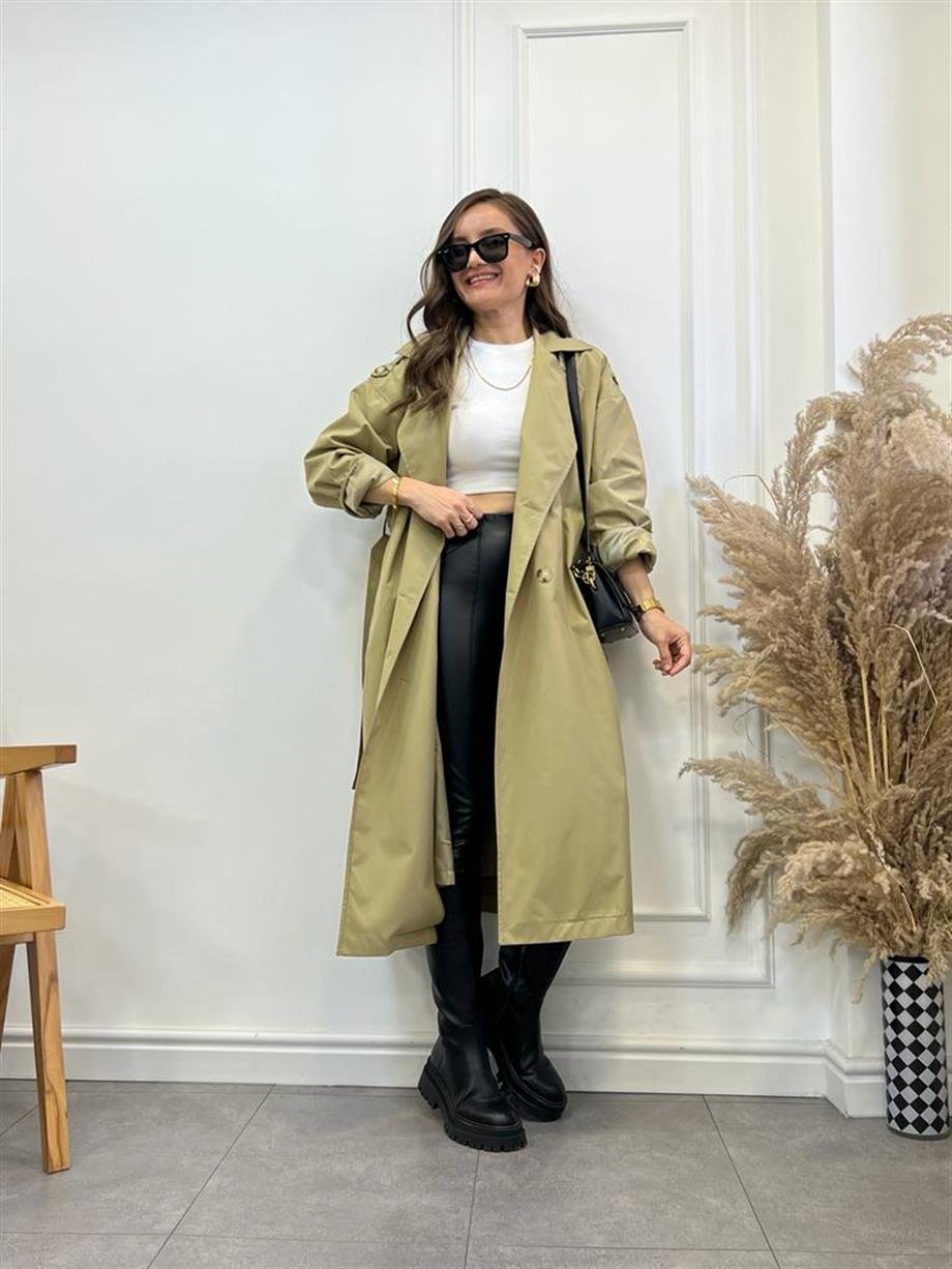 Haki Premium Kalite Sırt Detaylı Astarlı Trençkot 9167