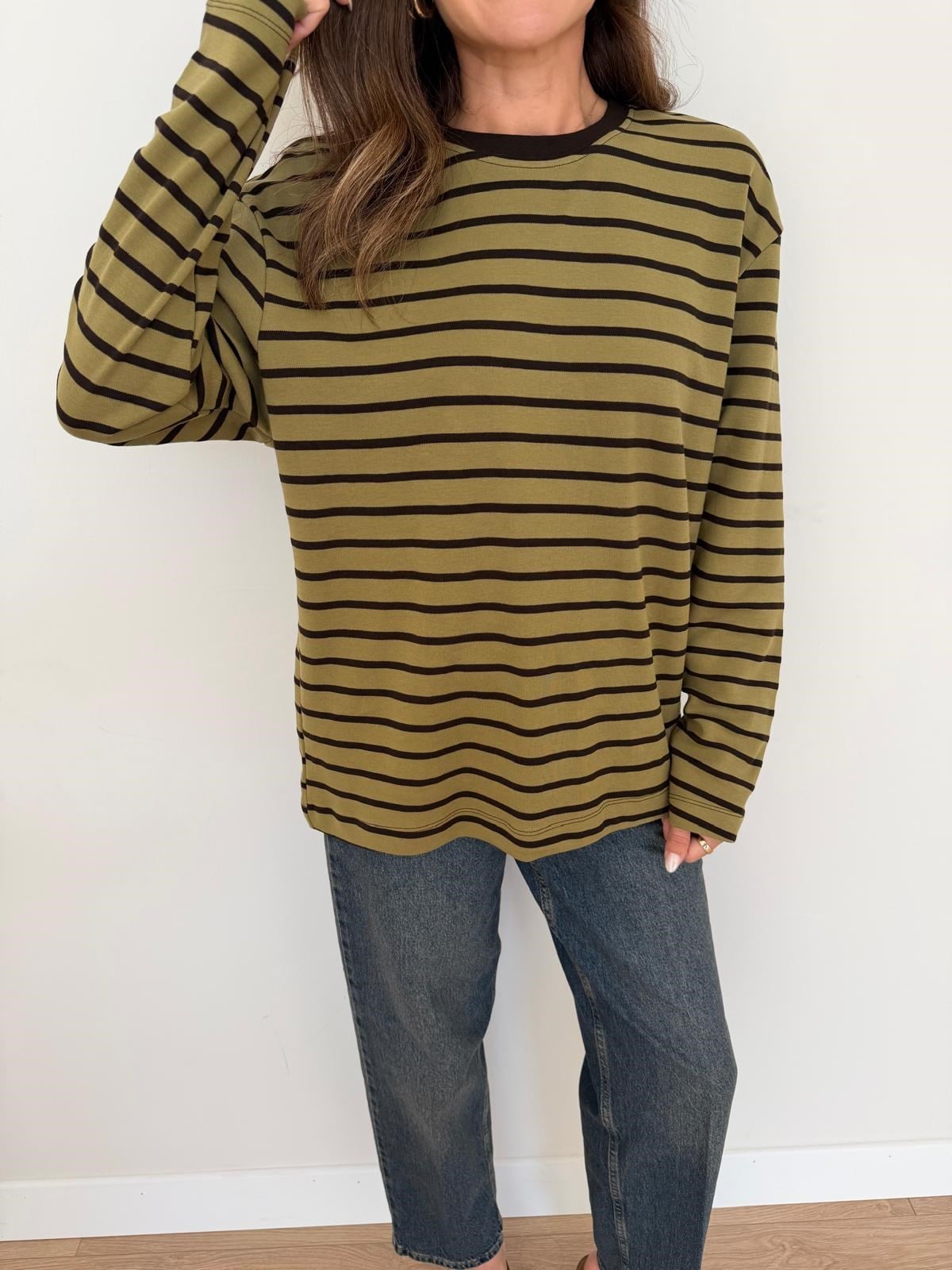 Haki Siyah Çizgili Basic Sweatshirt 261147