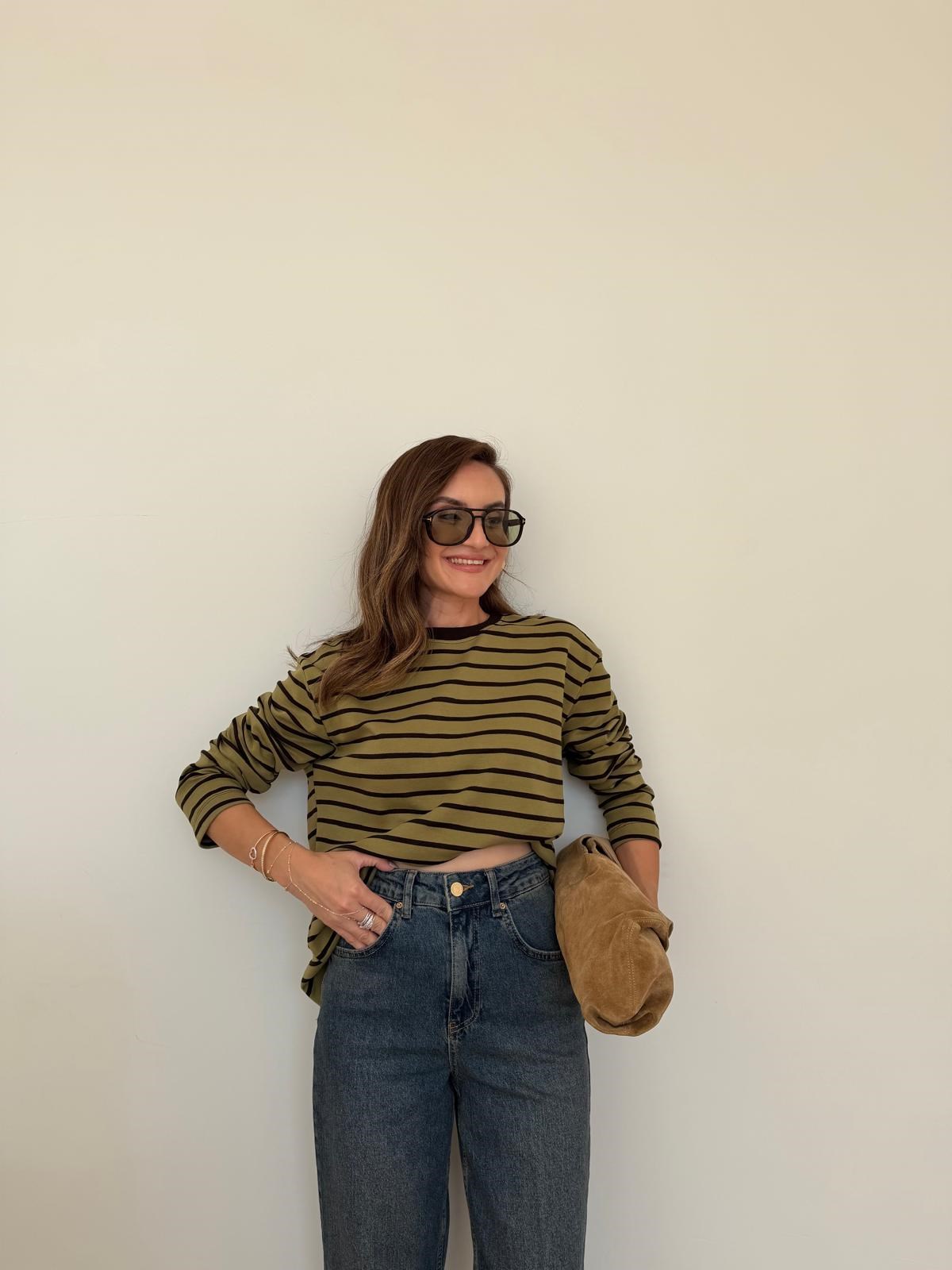Haki Siyah Çizgili Basic Sweatshirt 261147