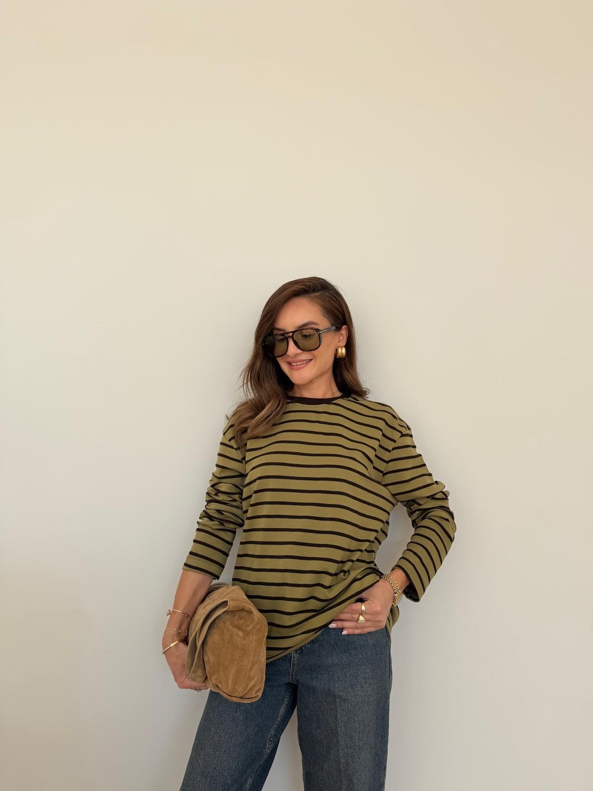 Haki Siyah Çizgili Basic Sweatshirt 261147