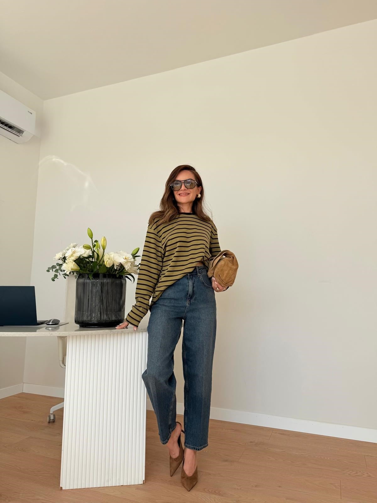 Haki Siyah Çizgili Basic Sweatshirt 261147