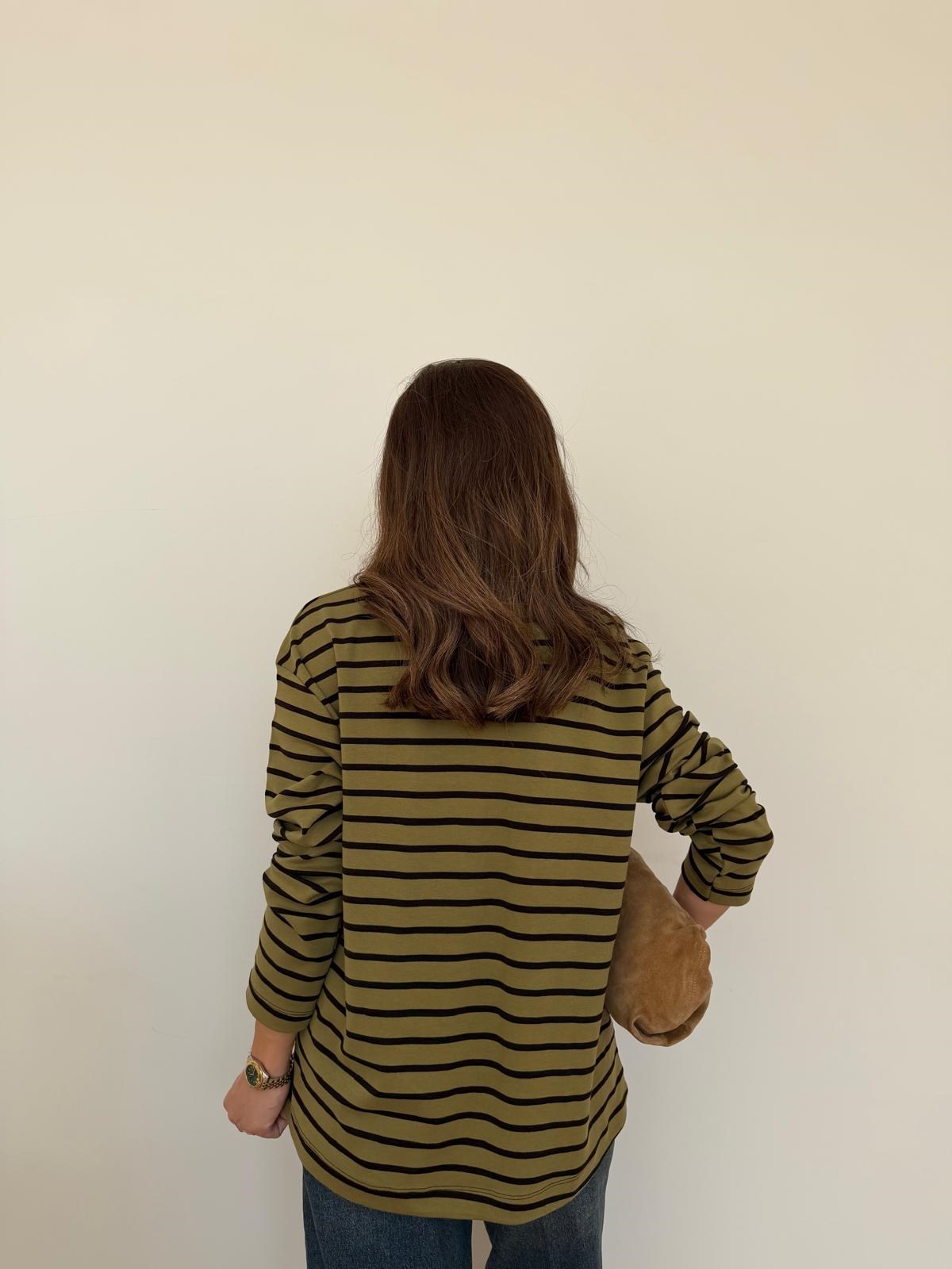 Haki Siyah Çizgili Basic Sweatshirt 261147