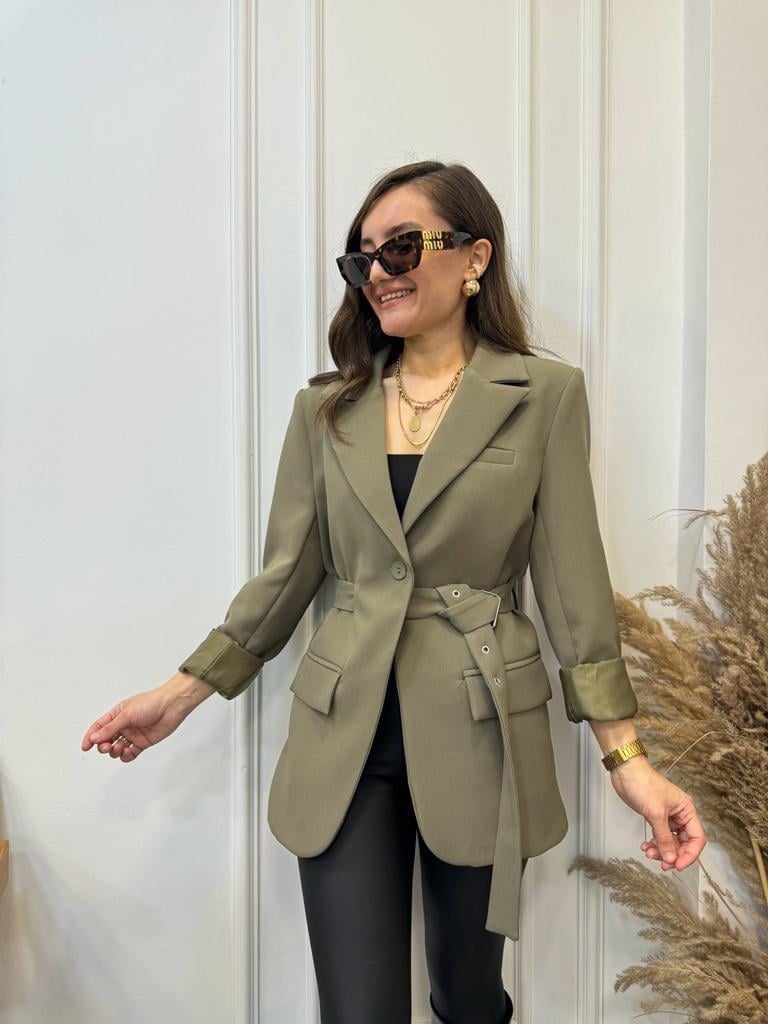 Haki Tek Düğme Kemer Detaylı Blazer Ceket 9367