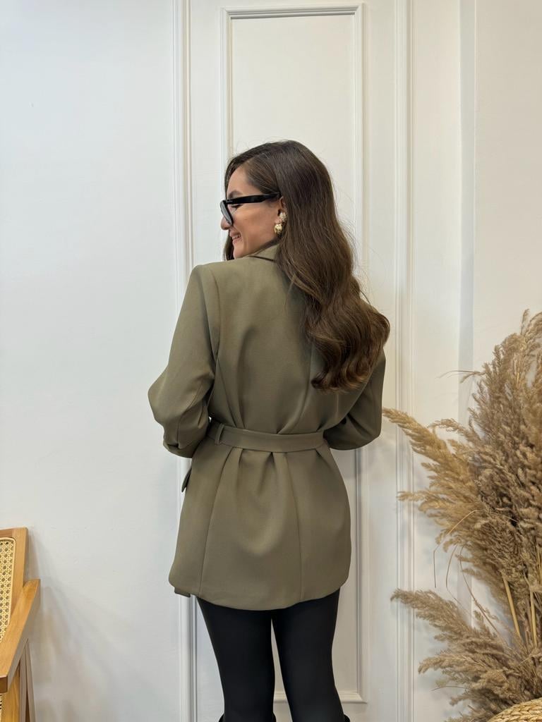 Haki Tek Düğme Kemer Detaylı Blazer Ceket 9367