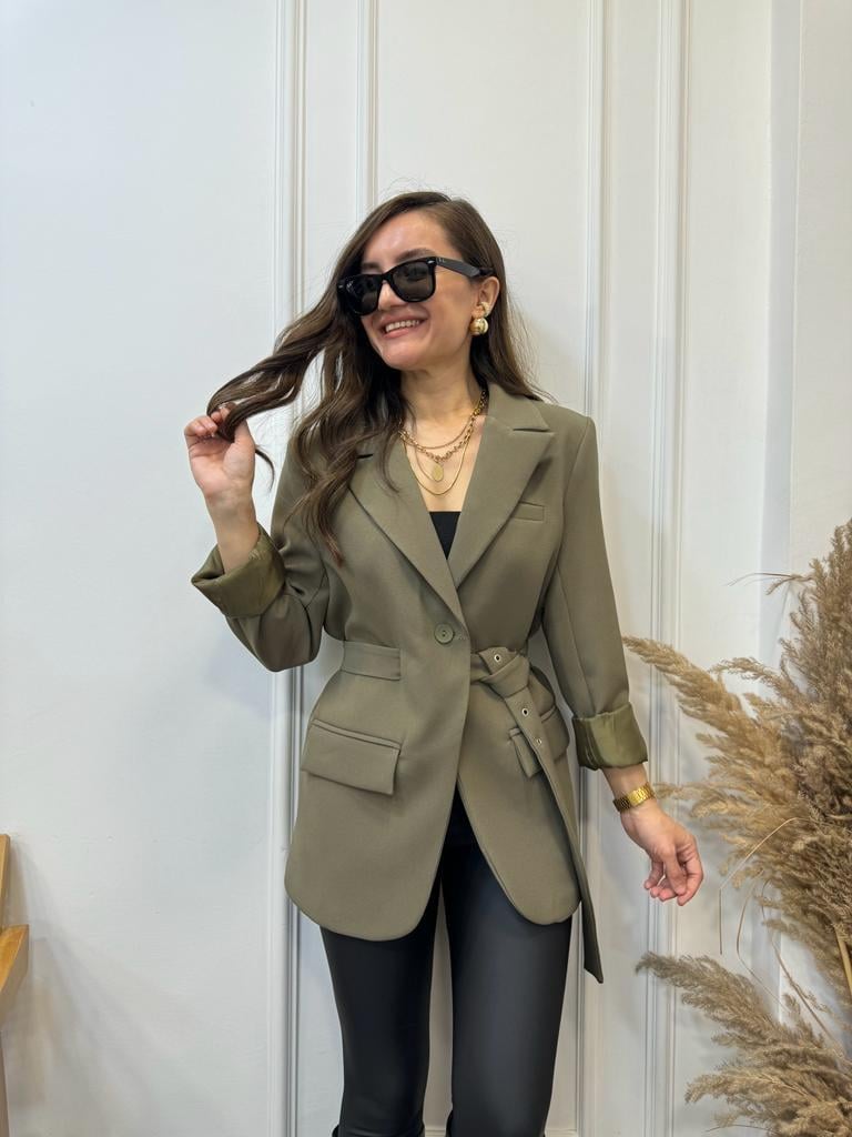 Haki Tek Düğme Kemer Detaylı Blazer Ceket 9367