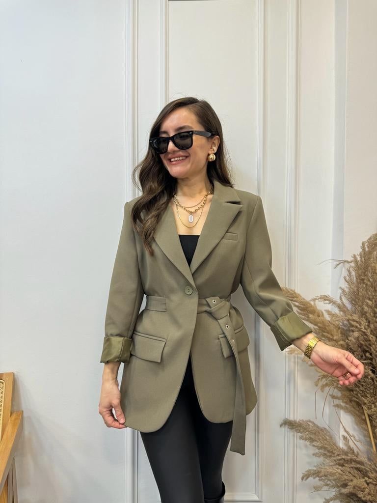 Haki Tek Düğme Kemer Detaylı Blazer Ceket 9367