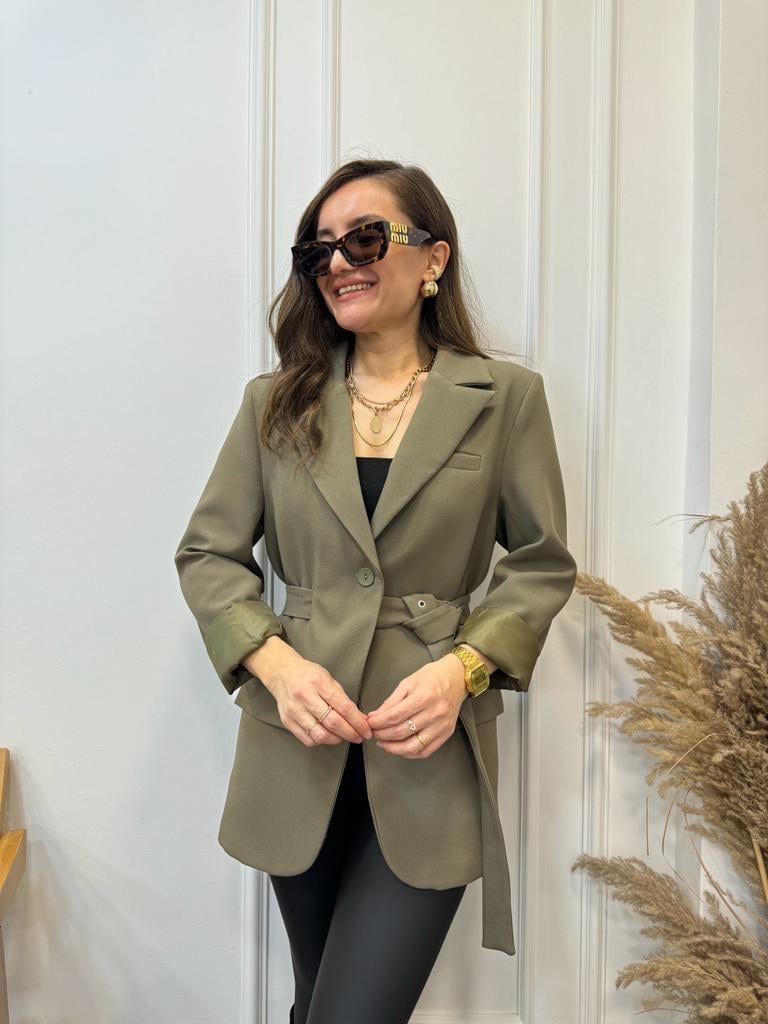 Haki Tek Düğme Kemer Detaylı Blazer Ceket 9367