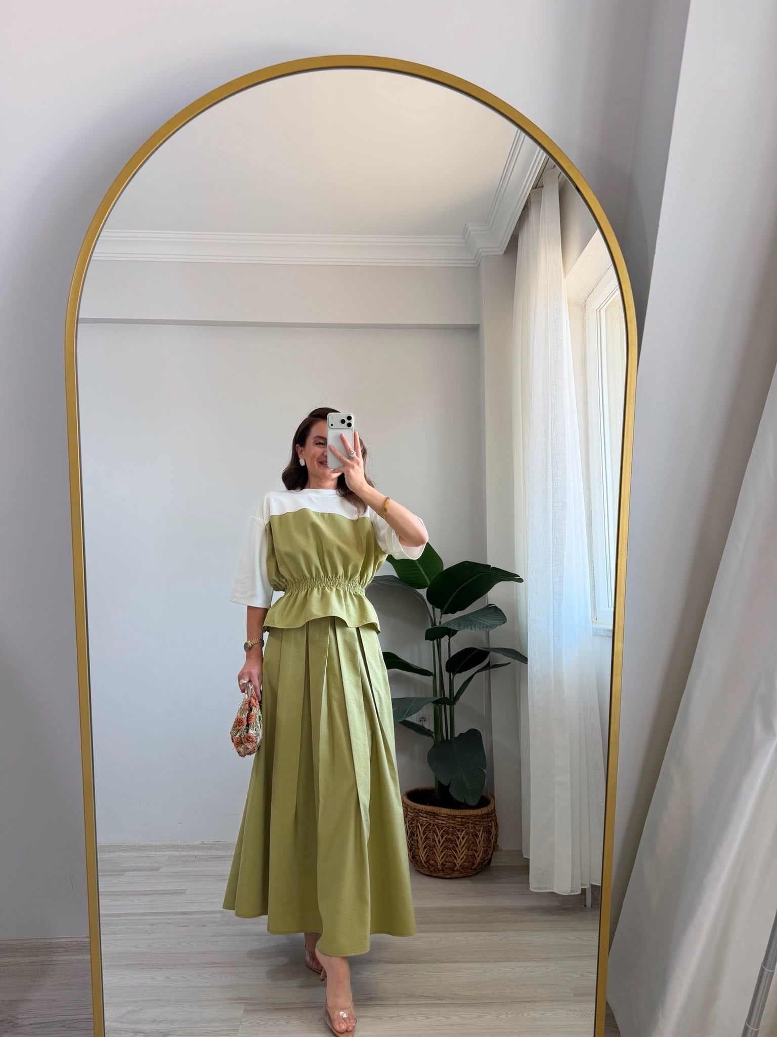 Haki TWST Model Beli Lastikli Bluz Etek Takım 4168