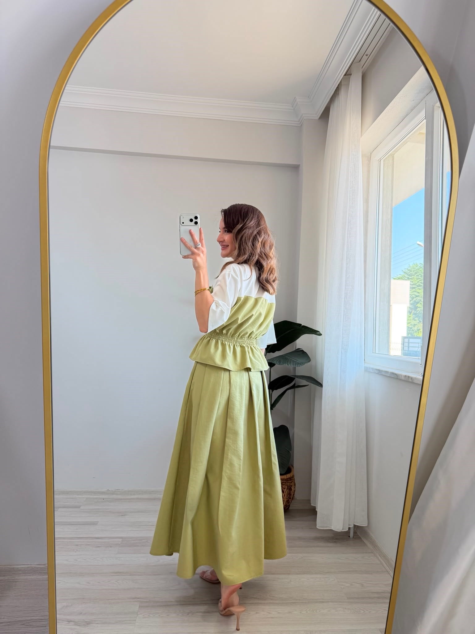 Haki TWST Model Beli Lastikli Bluz Etek Takım 4168