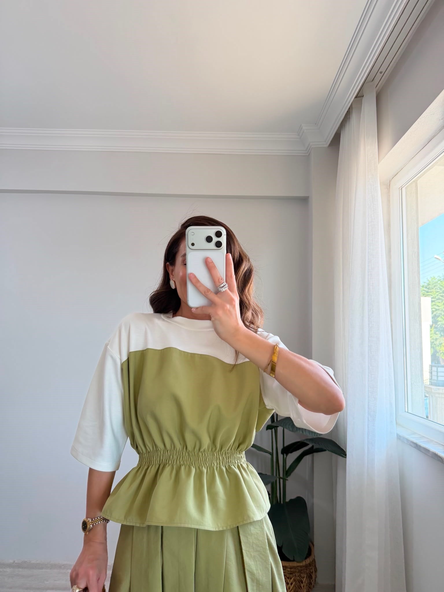Haki TWST Model Beli Lastikli Bluz Etek Takım 4168