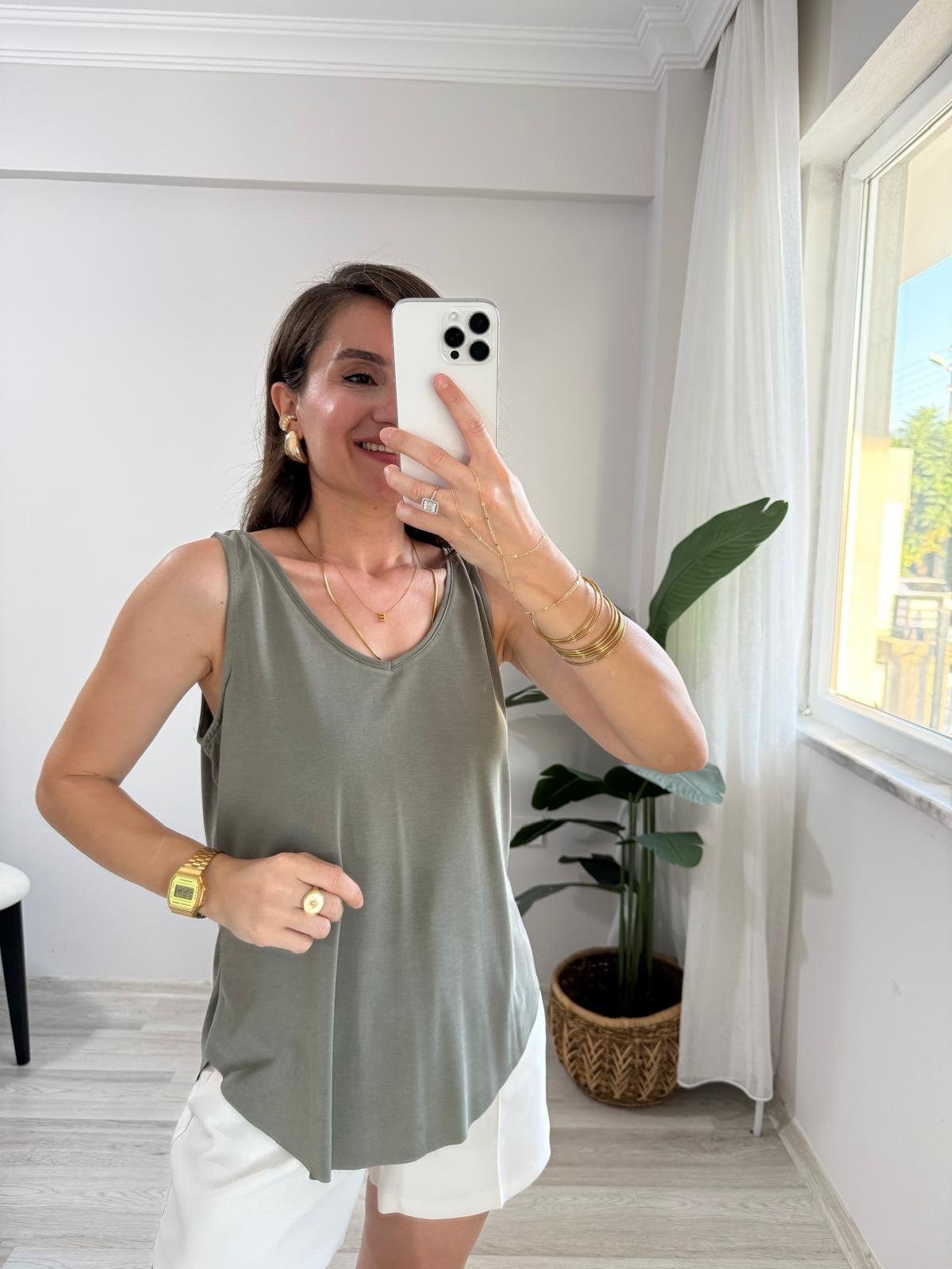 Haki V Yaka Kalın Askılı Modal Kumaş Atlet 30110