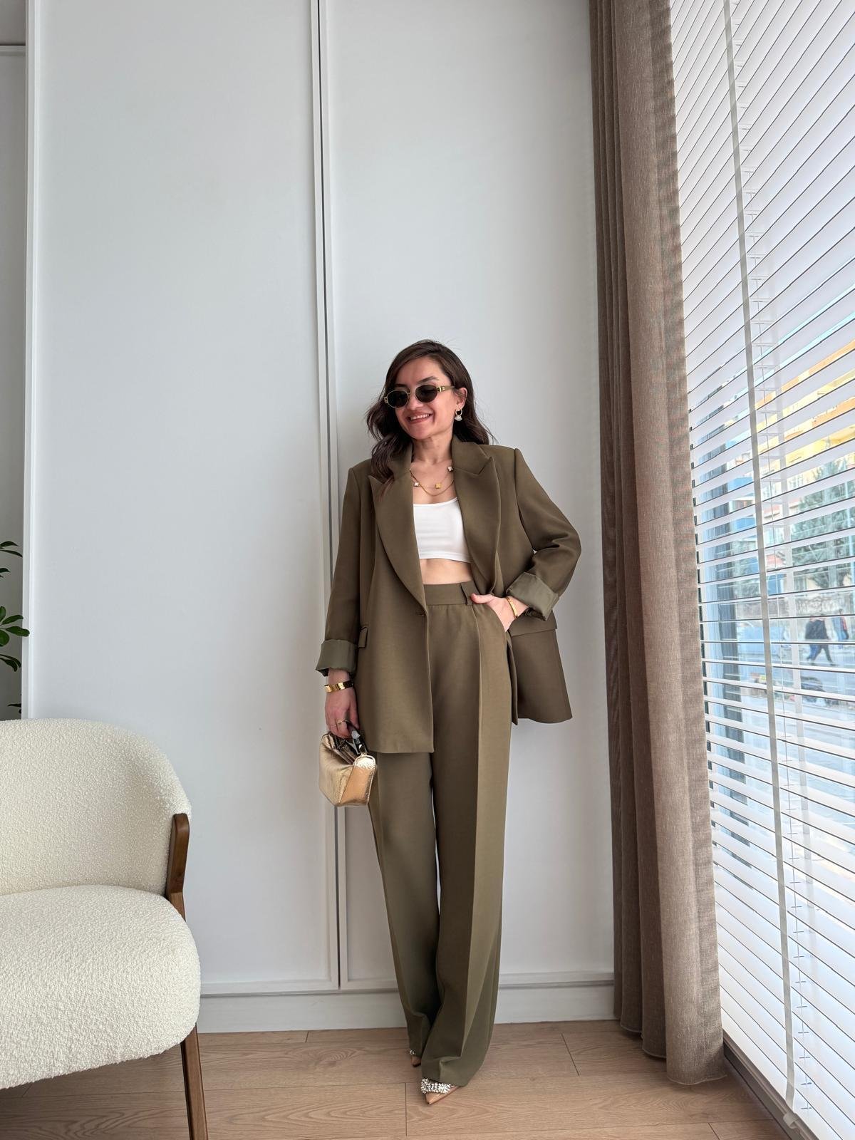 Haki Vatkalı Düğmeli Blazer Ceket 7462