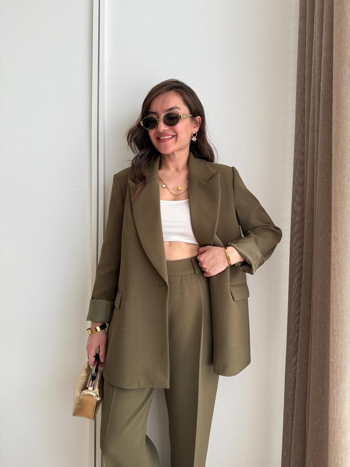 Haki Vatkalı Düğmeli Blazer Ceket 7462