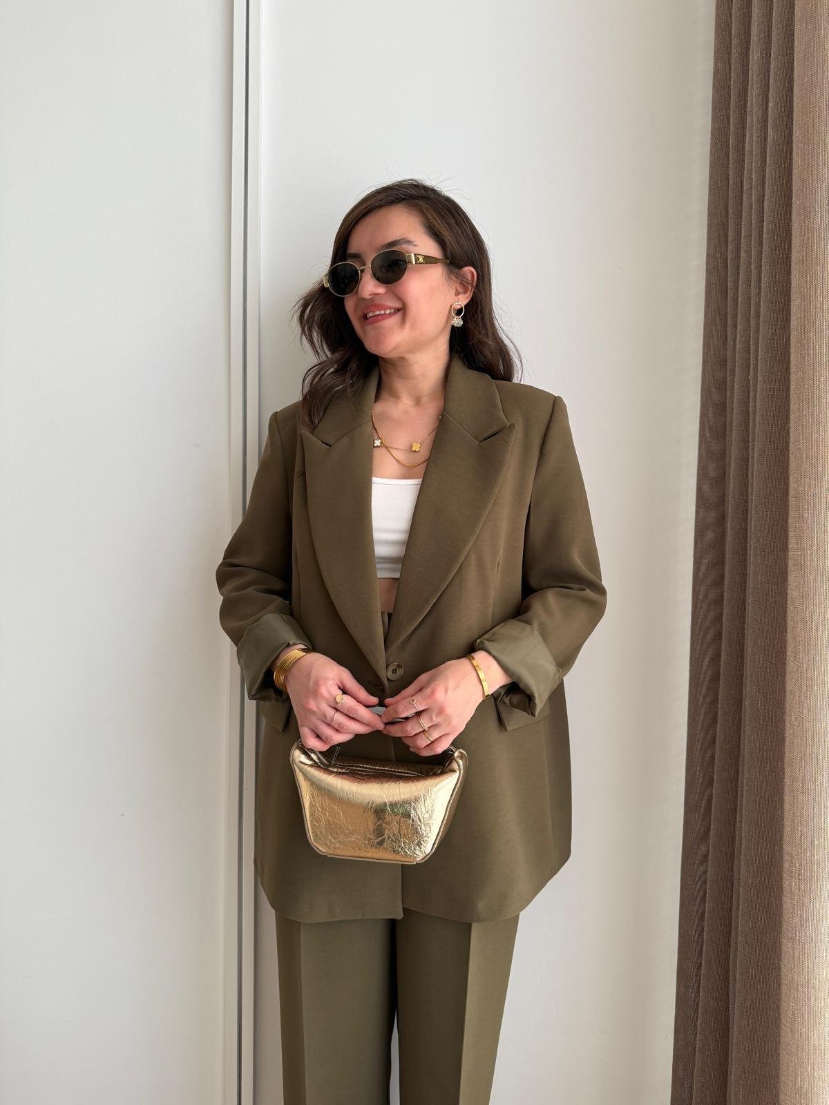 Haki Vatkalı Düğmeli Blazer Ceket 7462