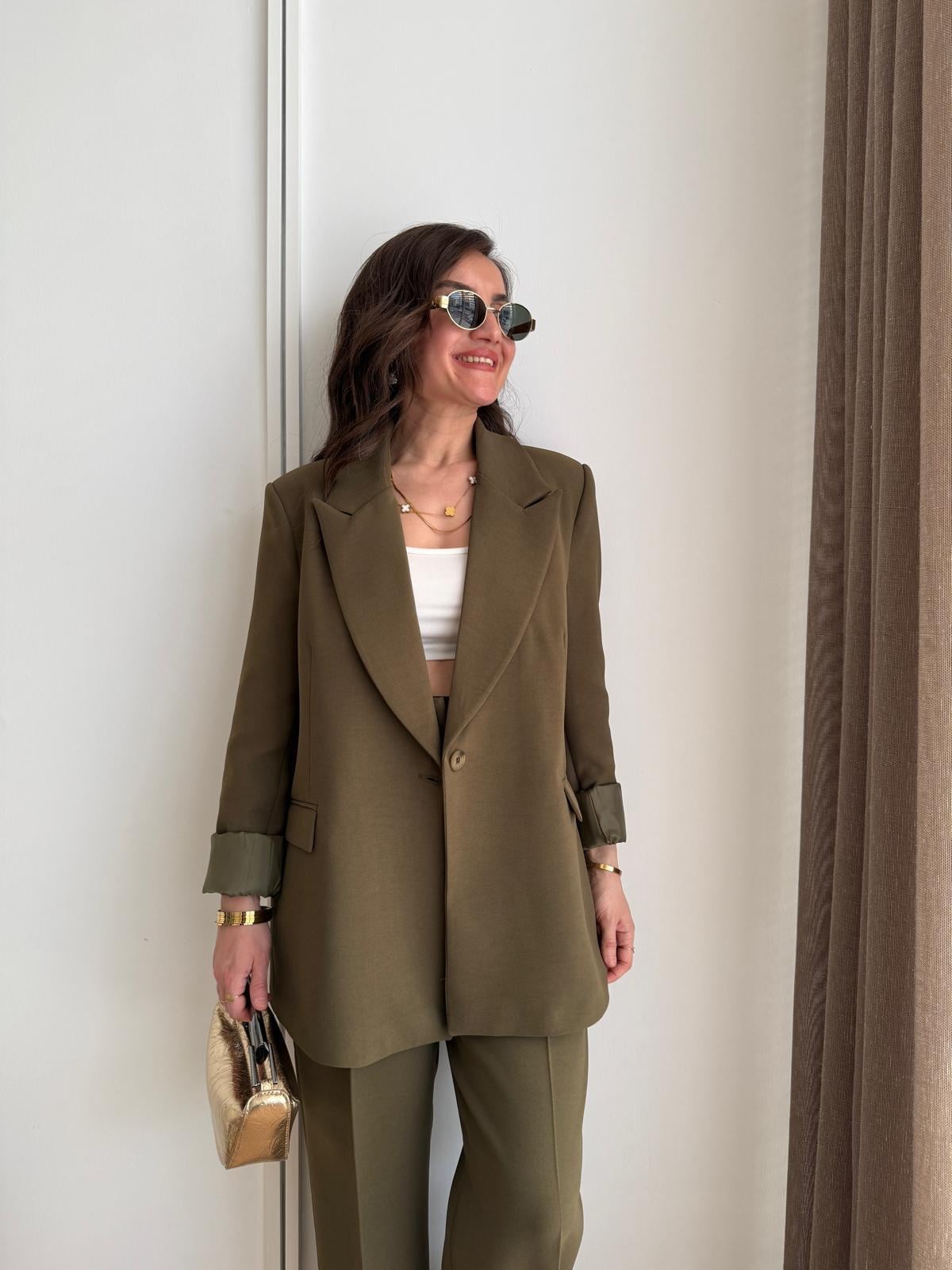 Haki Vatkalı Düğmeli Blazer Ceket 7462